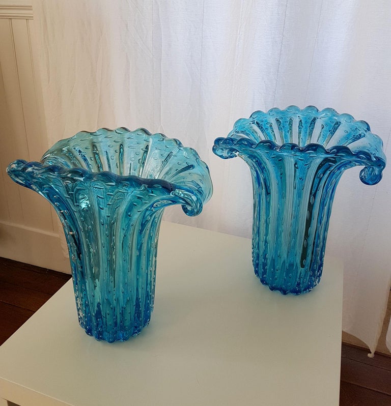 Pair of Large Blue Murano Glass Mid-Century Modern Vases 1970s, Barovier e Toso In Excellent Condition In Dallas, TX