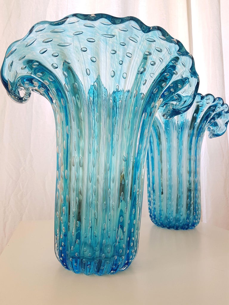 Late 20th Century Pair of Large Blue Murano Glass Mid-Century Modern Vases 1970s, Barovier e Toso