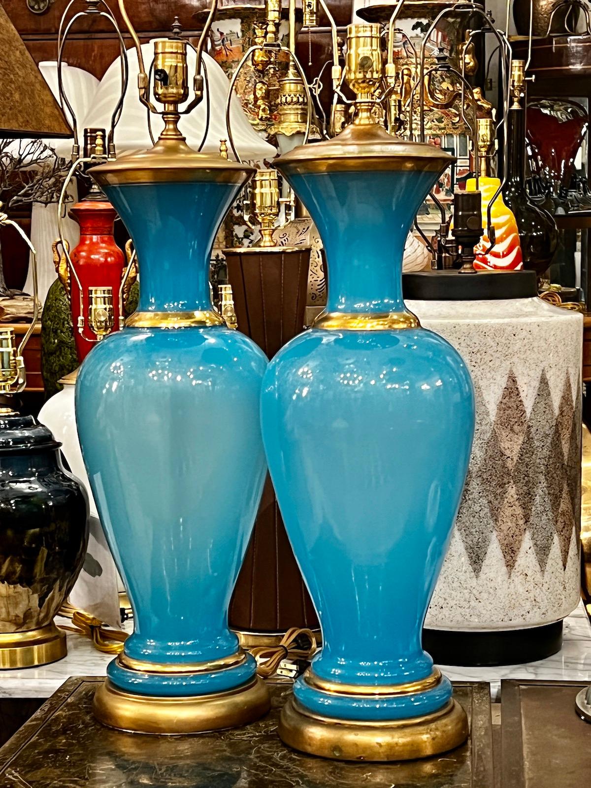 Pair of Large Blue Opaline Table Lamps In Good Condition In New York, NY