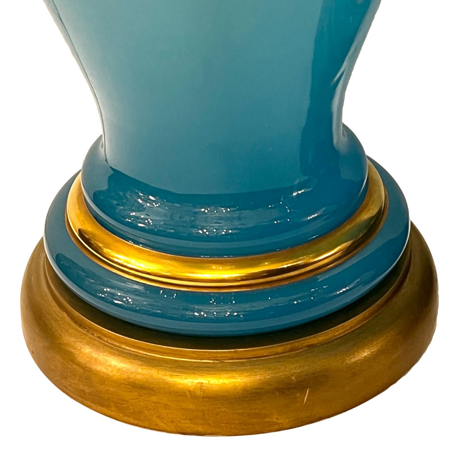 Mid-20th Century Pair of Large Blue Opaline Table Lamps