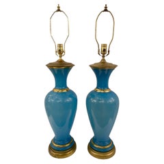 Pair of Large Blue Opaline Table Lamps