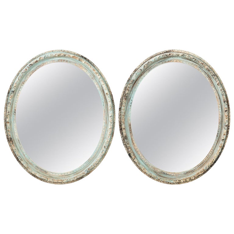 Pair of Large Blue Oval Mirrors at 1stDibs