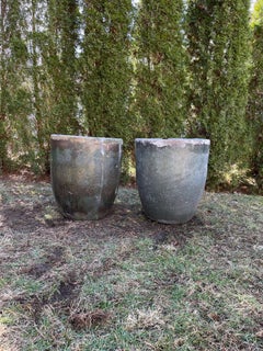 Pair of Large Bluish-Green German Ceramic Crucible Planters