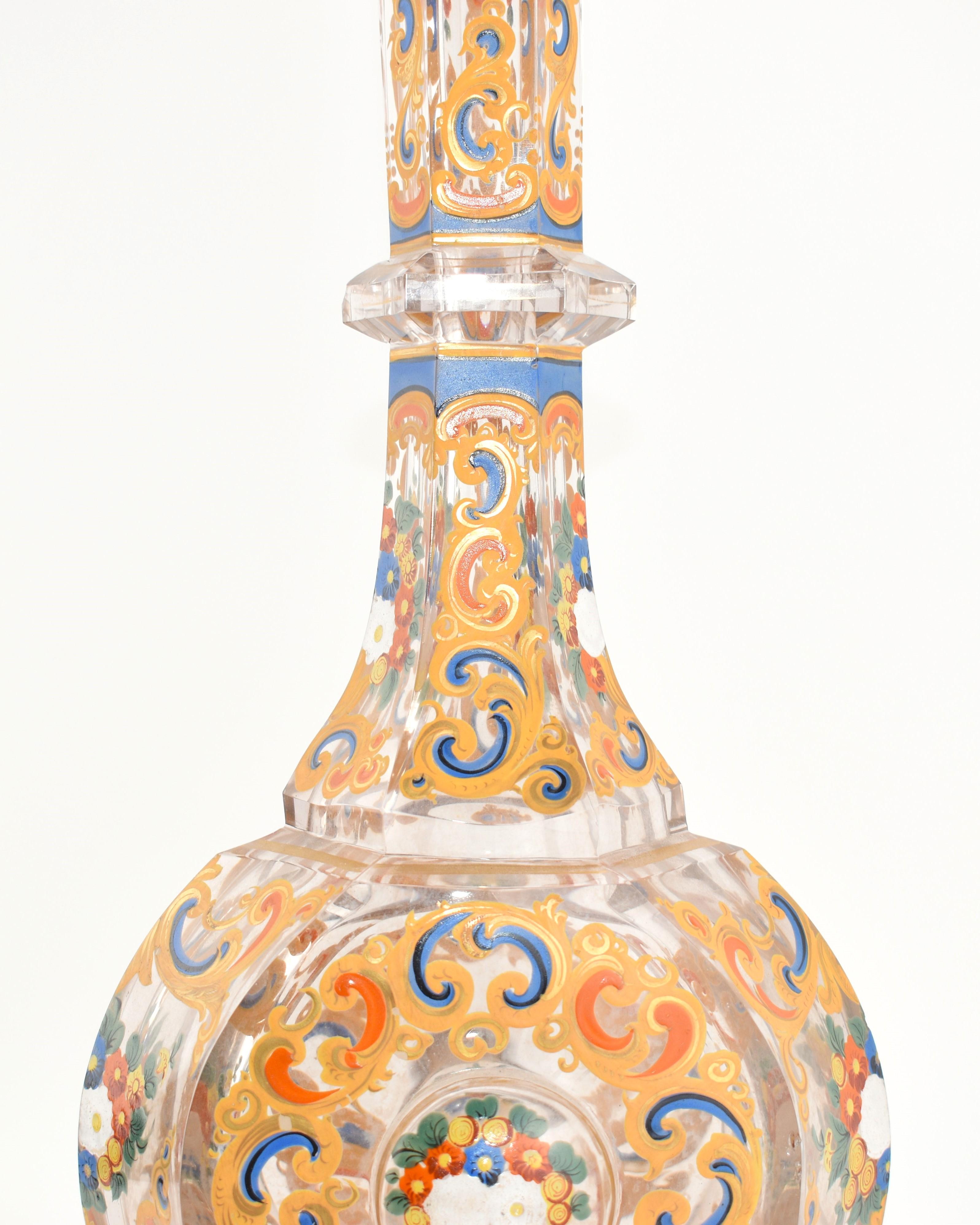 XIXe siècle Paire de grands carafes ottomanes de Bohème en verre taillé émaillé, 19ème siècle en vente