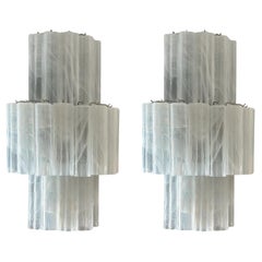 Pair of Large Bold Murano Glass Wall Sconces with a Swirled White Marble Pattern