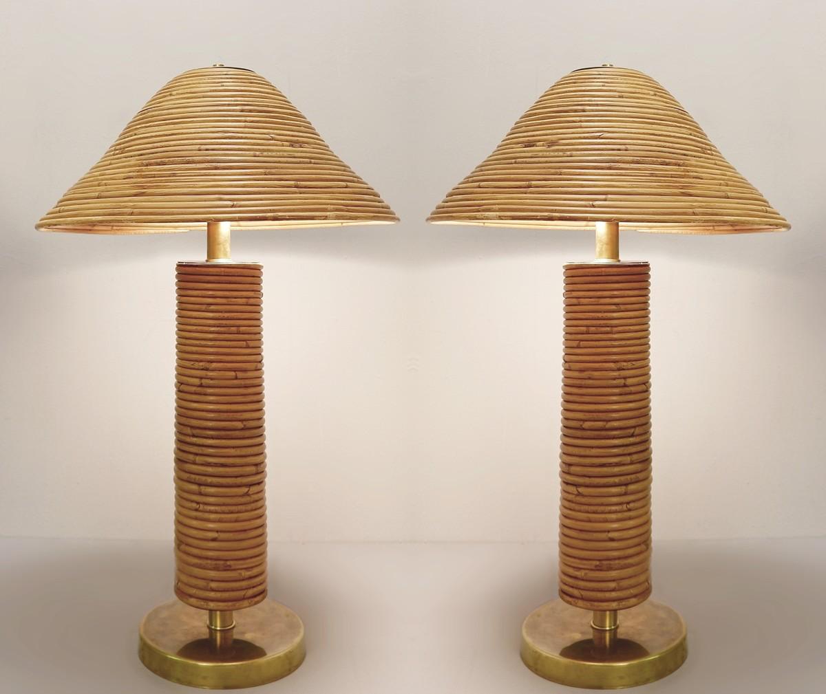 Pair of large brass and bamboo table lamps.