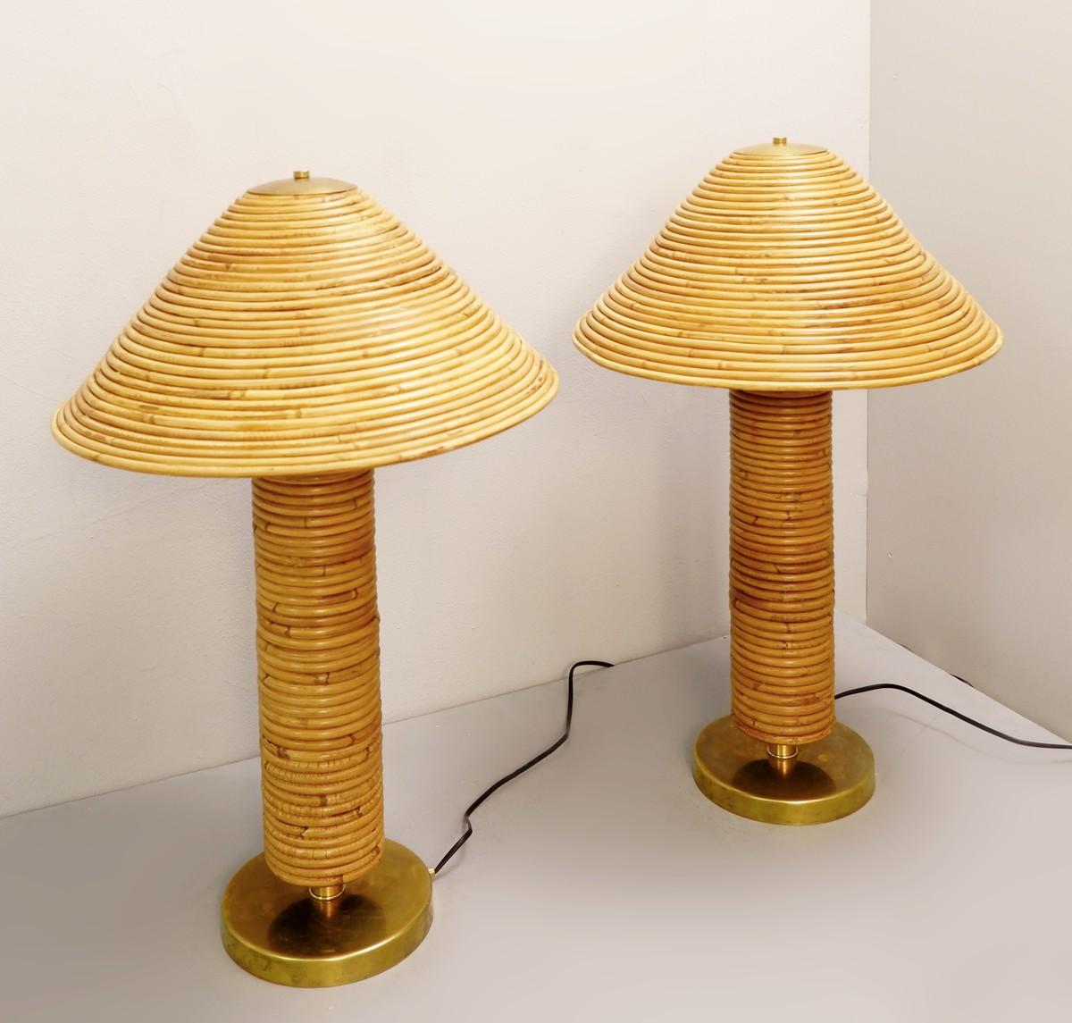 Pair of Large Brass and Bamboo Table Lamps 1