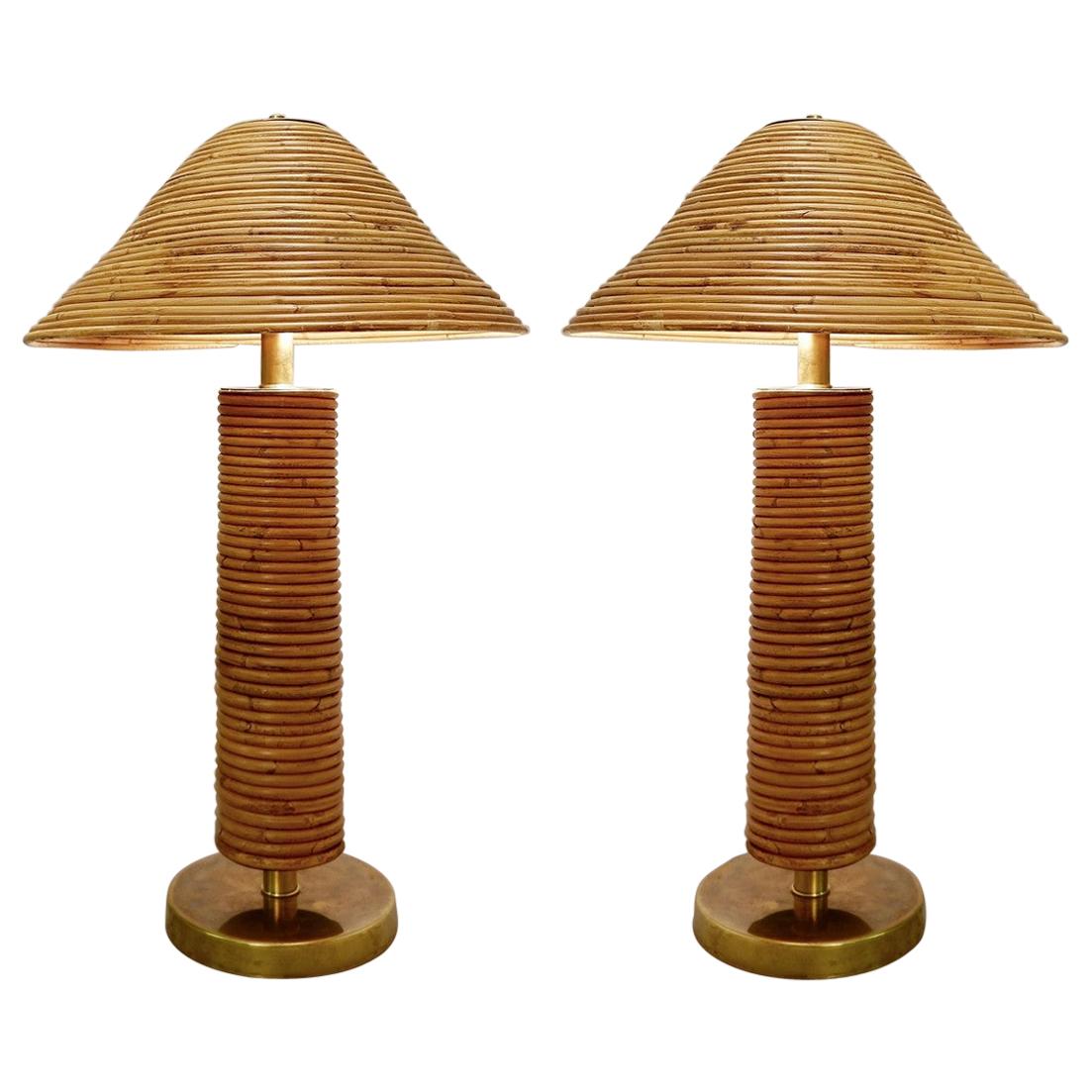 Pair of Large Brass and Bamboo Table Lamps