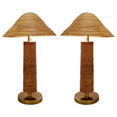 Pair of Large Brass and Bamboo Table Lamps