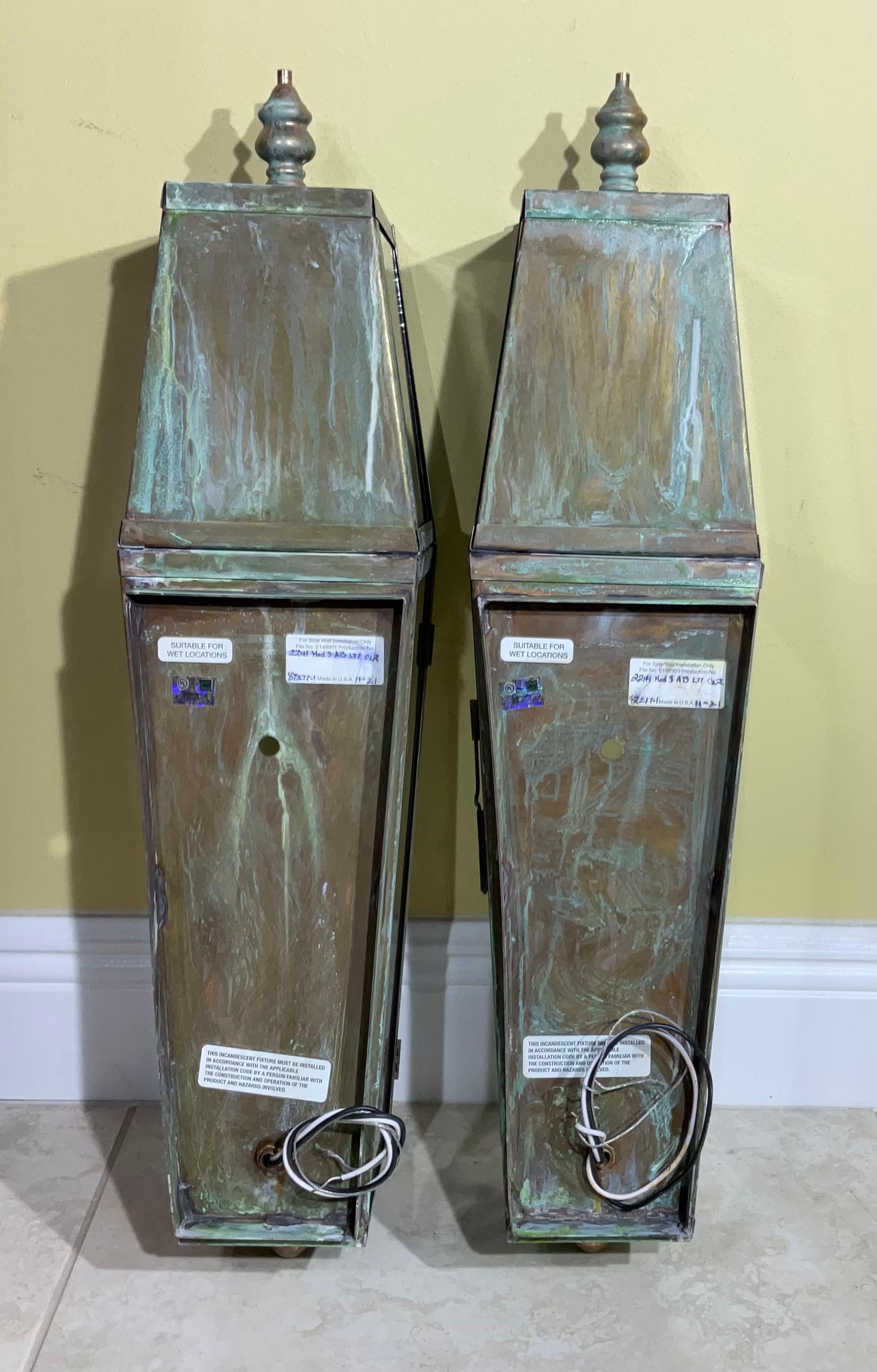 American Classical Pair of Large Brass and Copper Architectural Wall Lantern For Sale