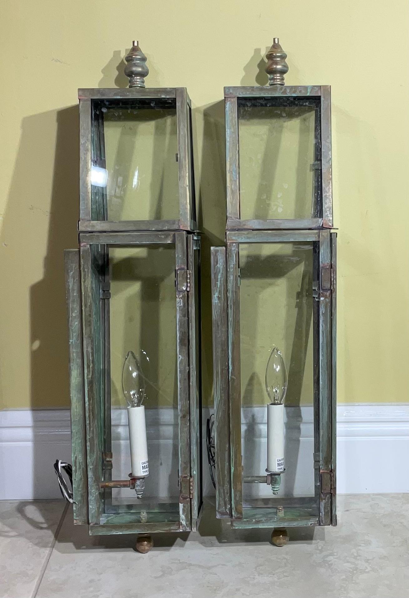 American Pair of Large Brass and Copper Architectural Wall Lantern For Sale