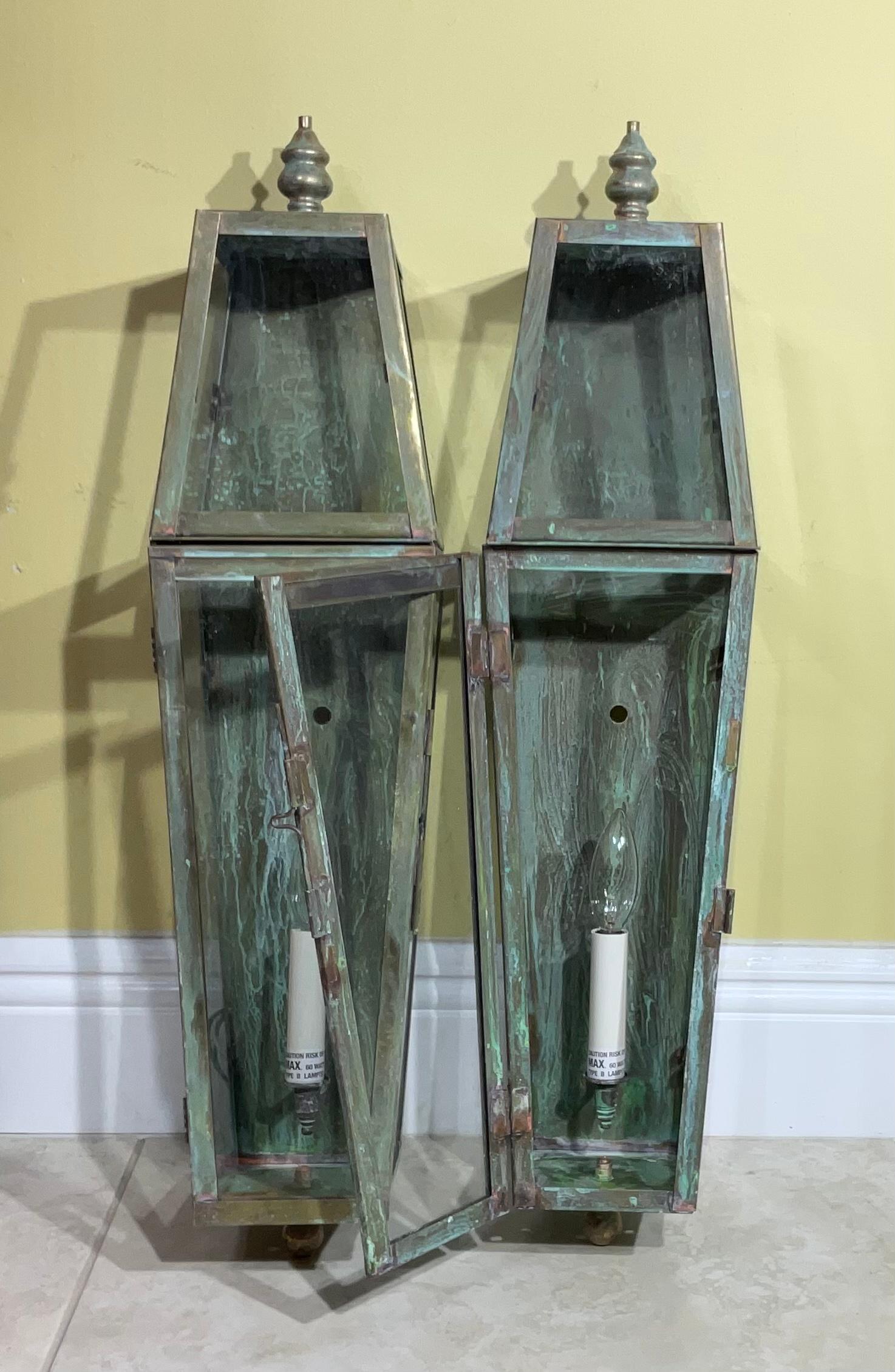 Hand-Crafted Pair of Large Brass and Copper Architectural Wall Lantern For Sale