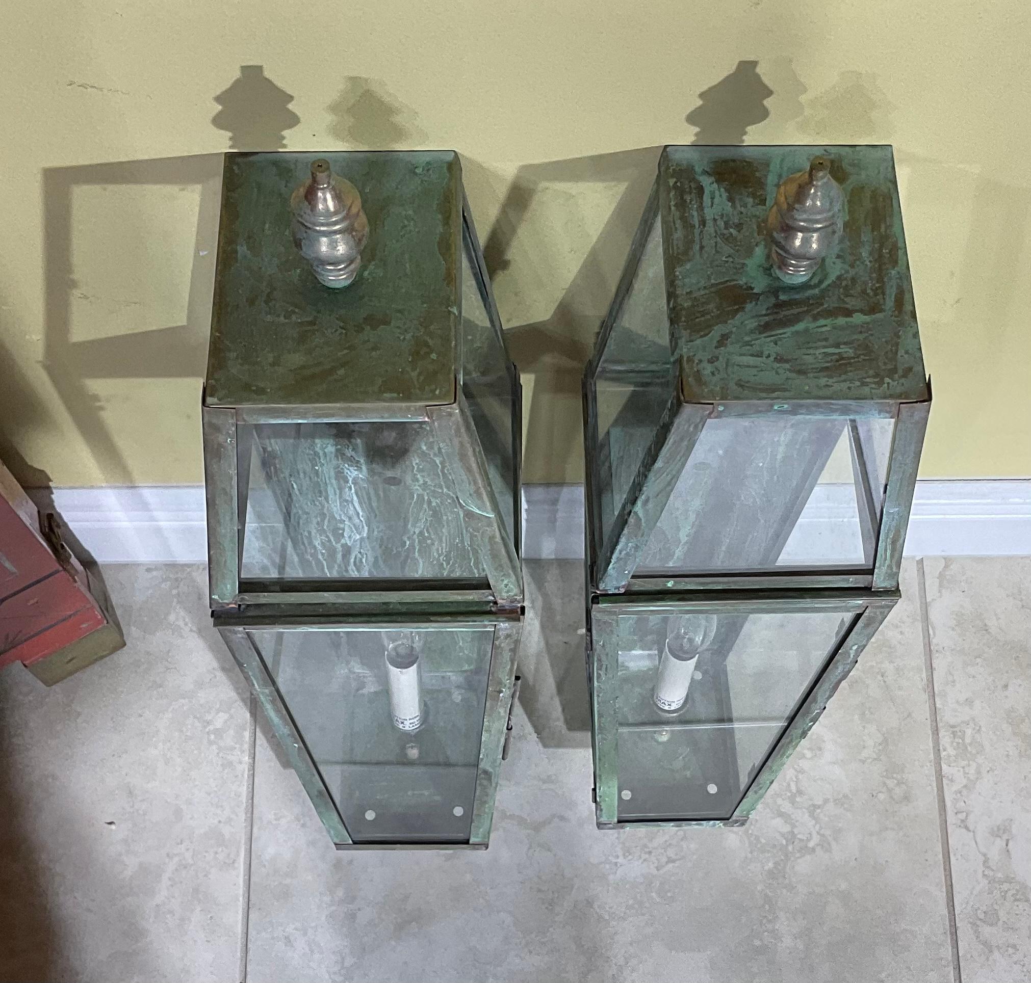 Pair of Large Brass and Copper Architectural Wall Lantern In Good Condition For Sale In Delray Beach, FL