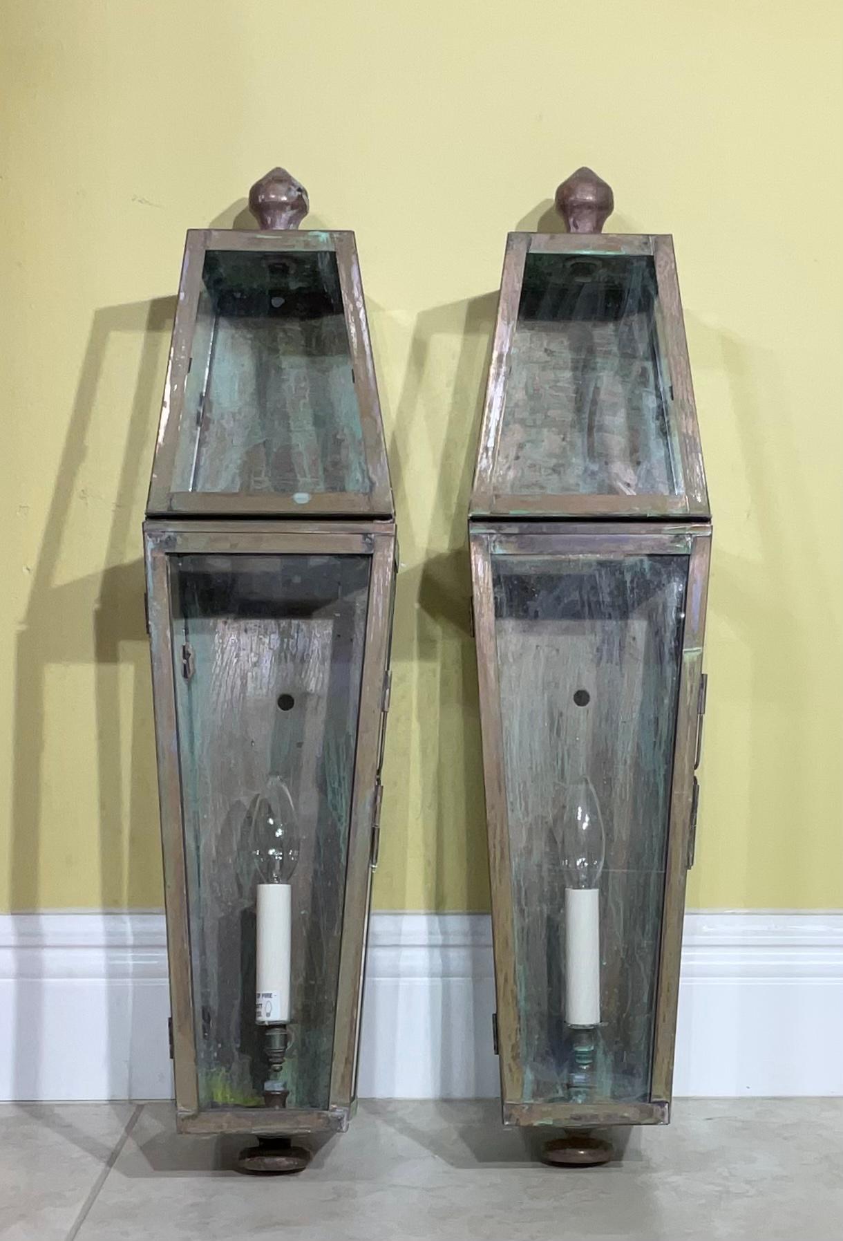 Pair of Large Brass and Copper Architectural Wall Lantern In Good Condition For Sale In Delray Beach, FL