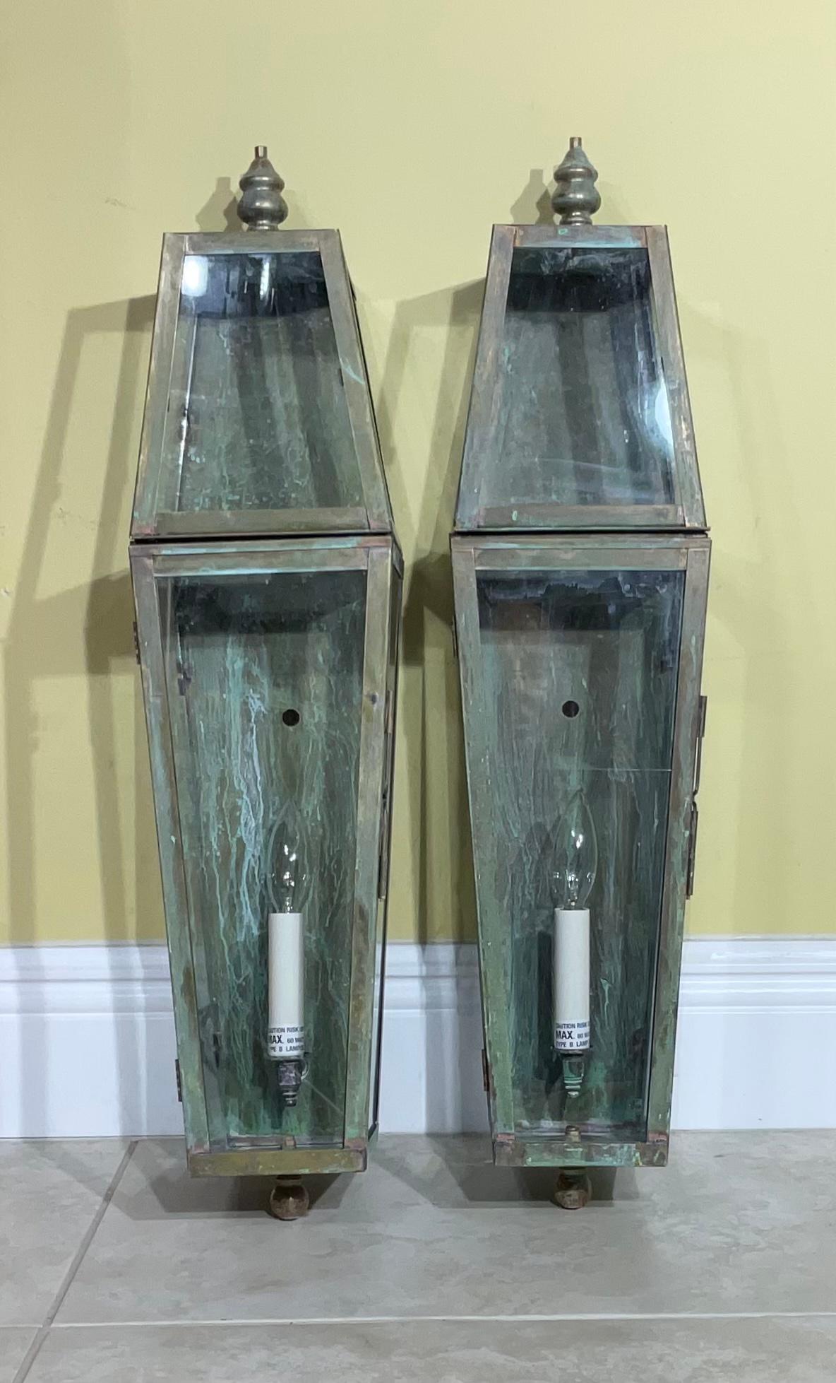 Contemporary Pair of Large Brass and Copper Architectural Wall Lantern For Sale
