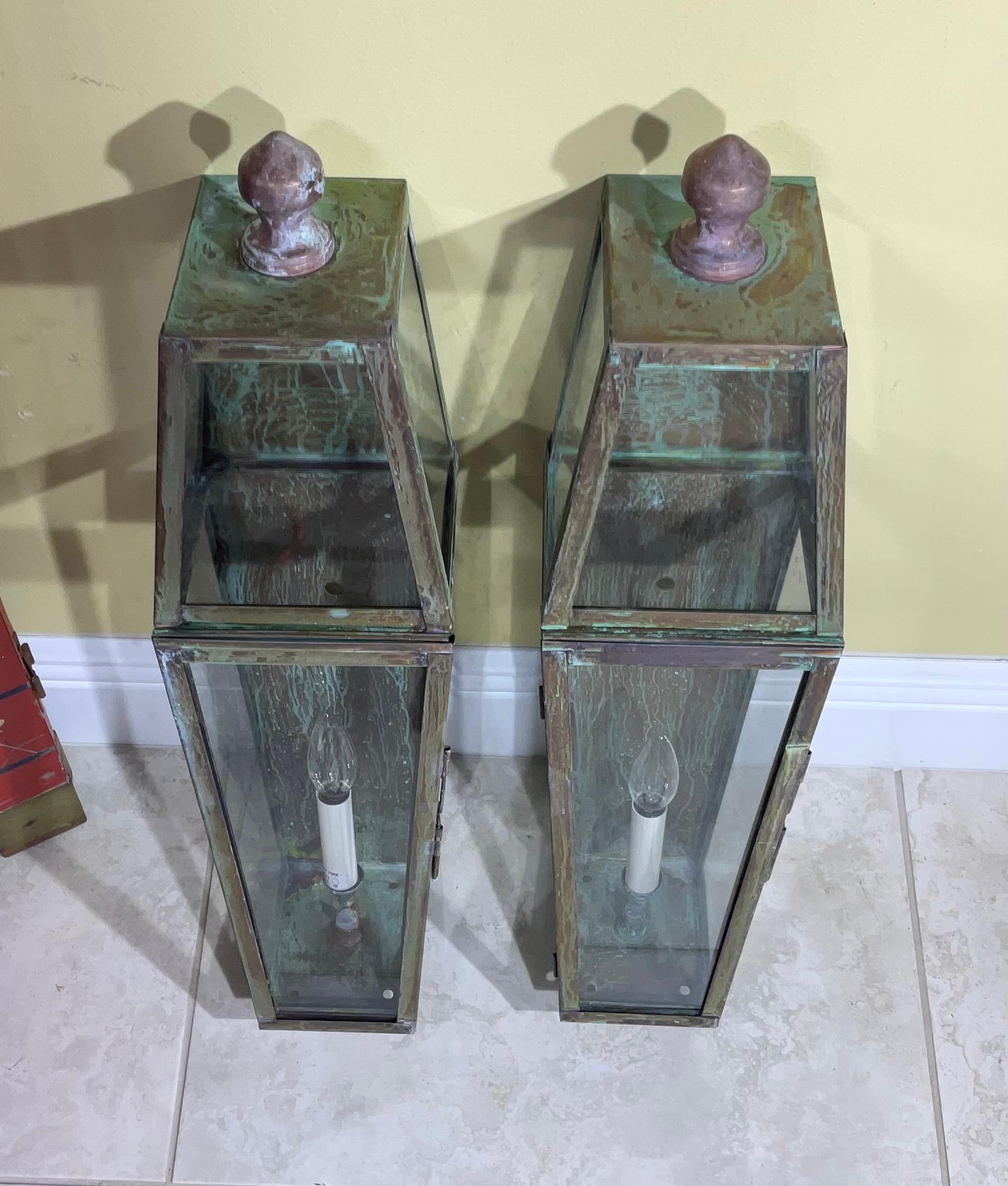 Contemporary Pair of Large Brass and Copper Architectural Wall Lantern For Sale