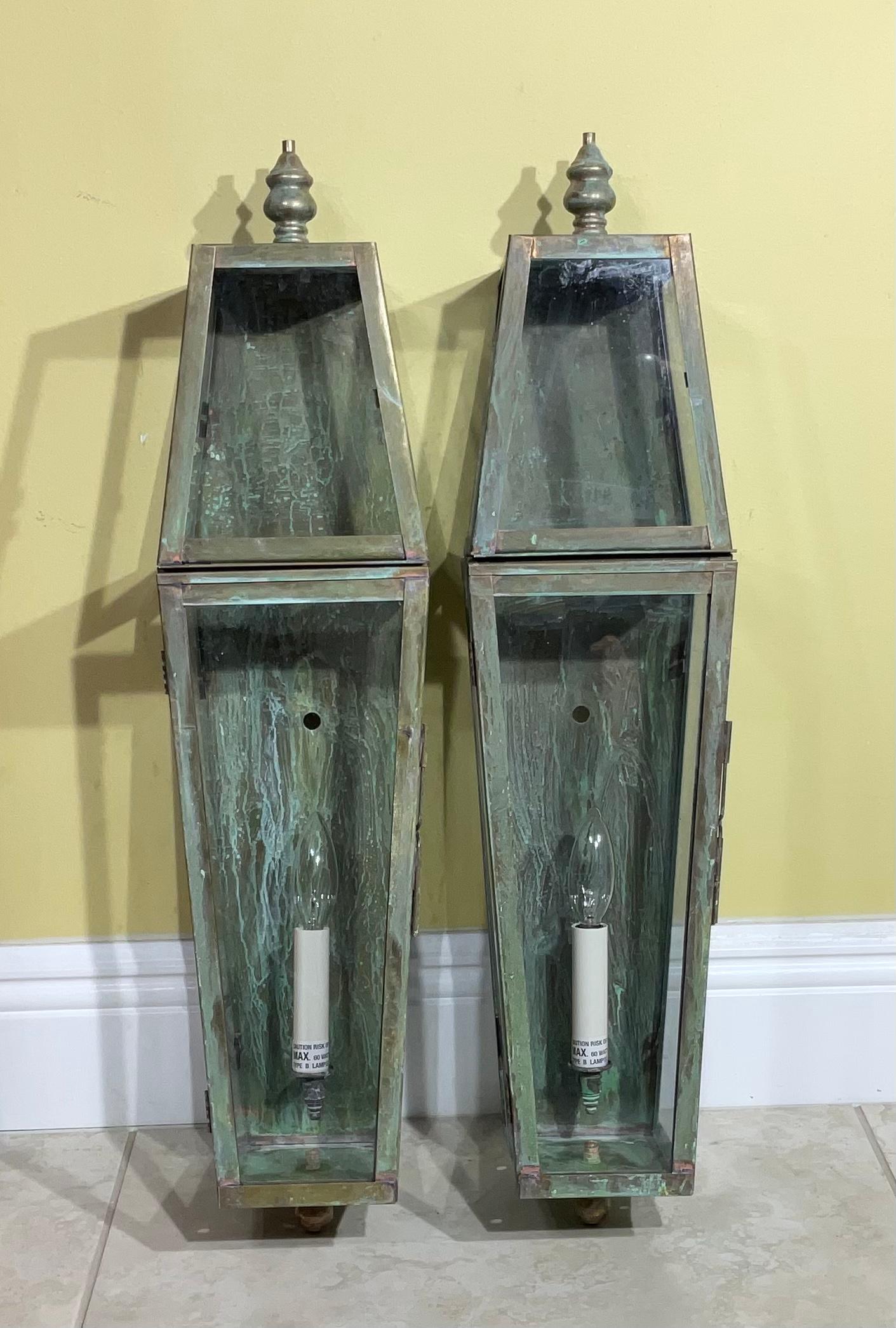 Glass Pair of Large Brass and Copper Architectural Wall Lantern For Sale