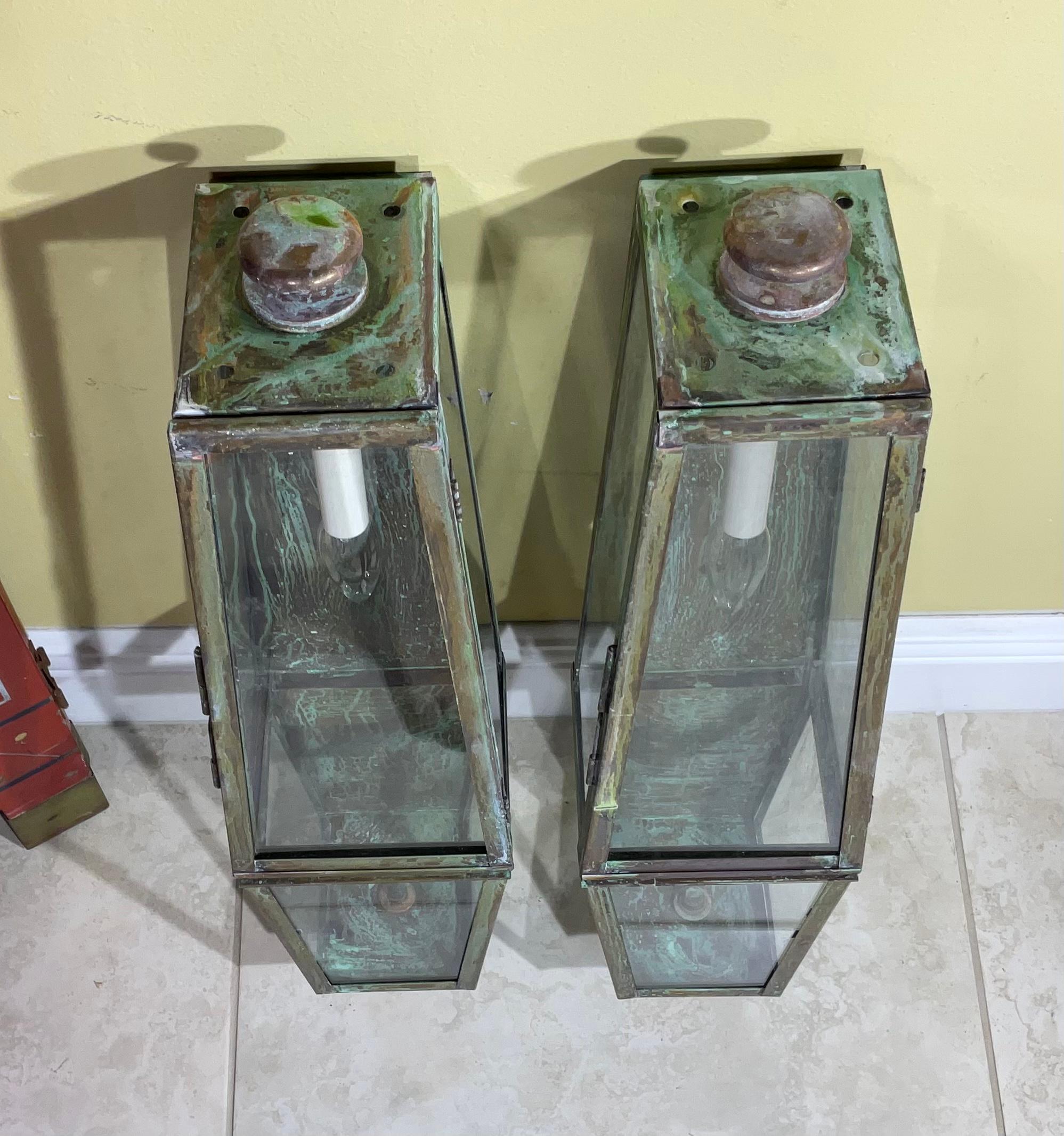 Pair of Large Brass and Copper Architectural Wall Lantern For Sale 1