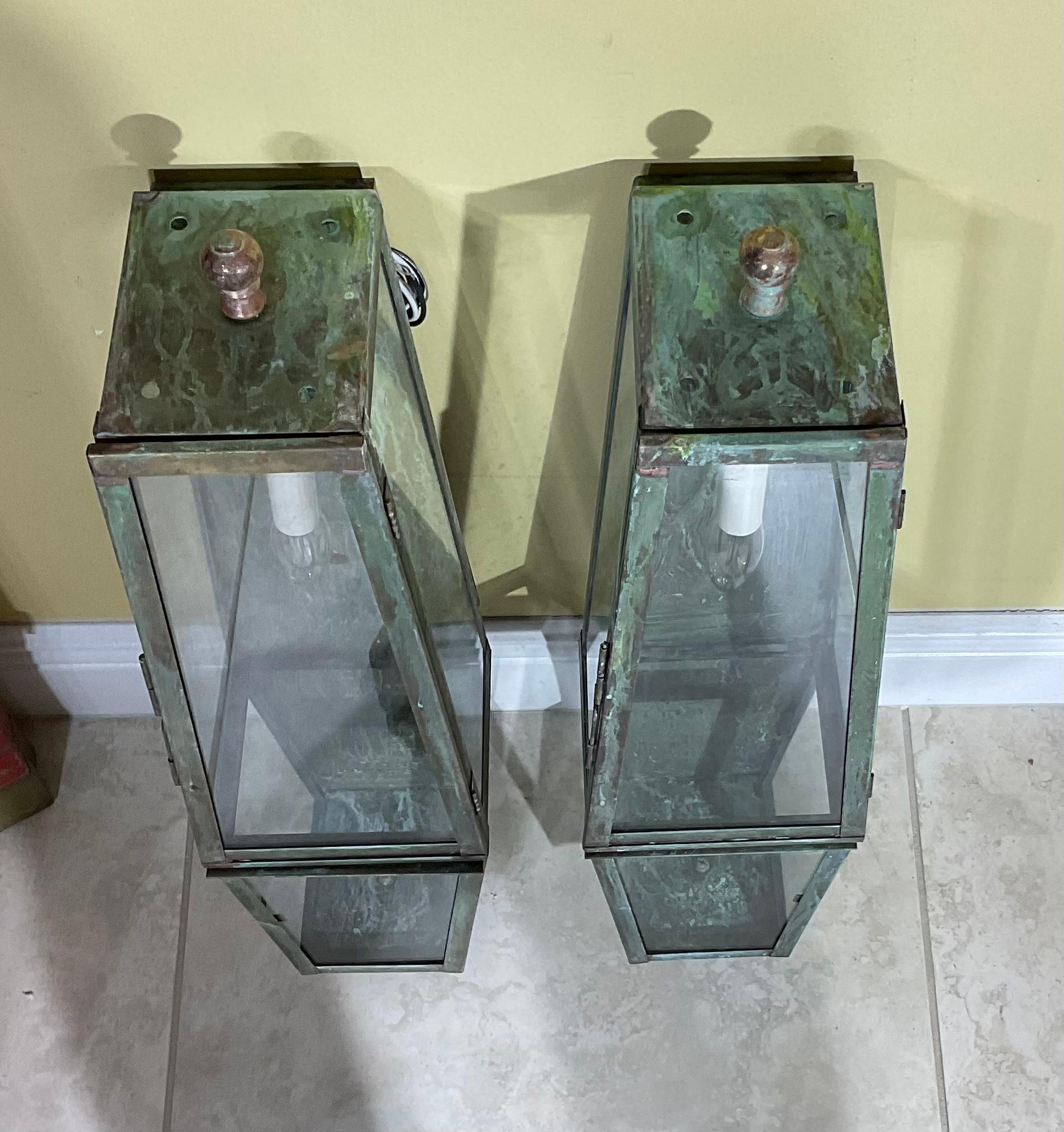 Pair of Large Brass and Copper Architectural Wall Lantern For Sale 2