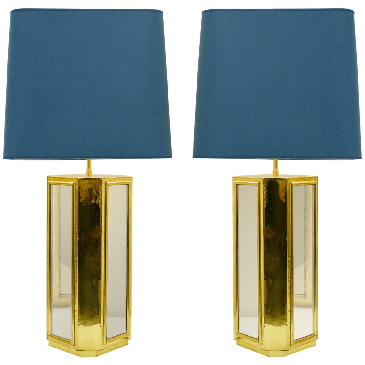 Pair of Large Brass and Mirror Table Lamps For Sale