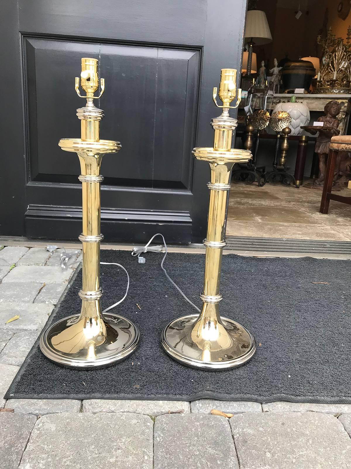 Pair of Large Brass and Nickel Candlestick Lamps in the Style of Chapman In Good Condition In Atlanta, GA