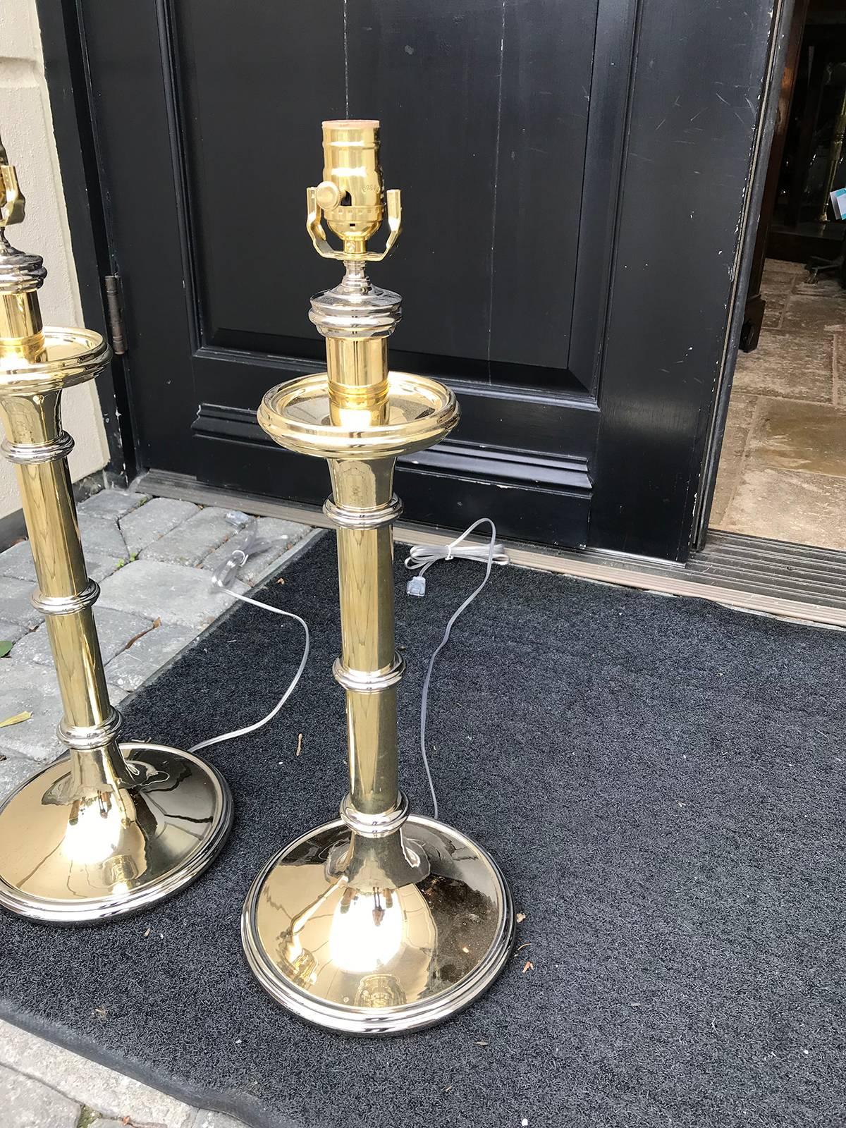 Pair of Large Brass and Nickel Candlestick Lamps in the Style of Chapman 3