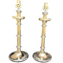 Pair of Large Brass and Nickel Candlestick Lamps in the Style of Chapman