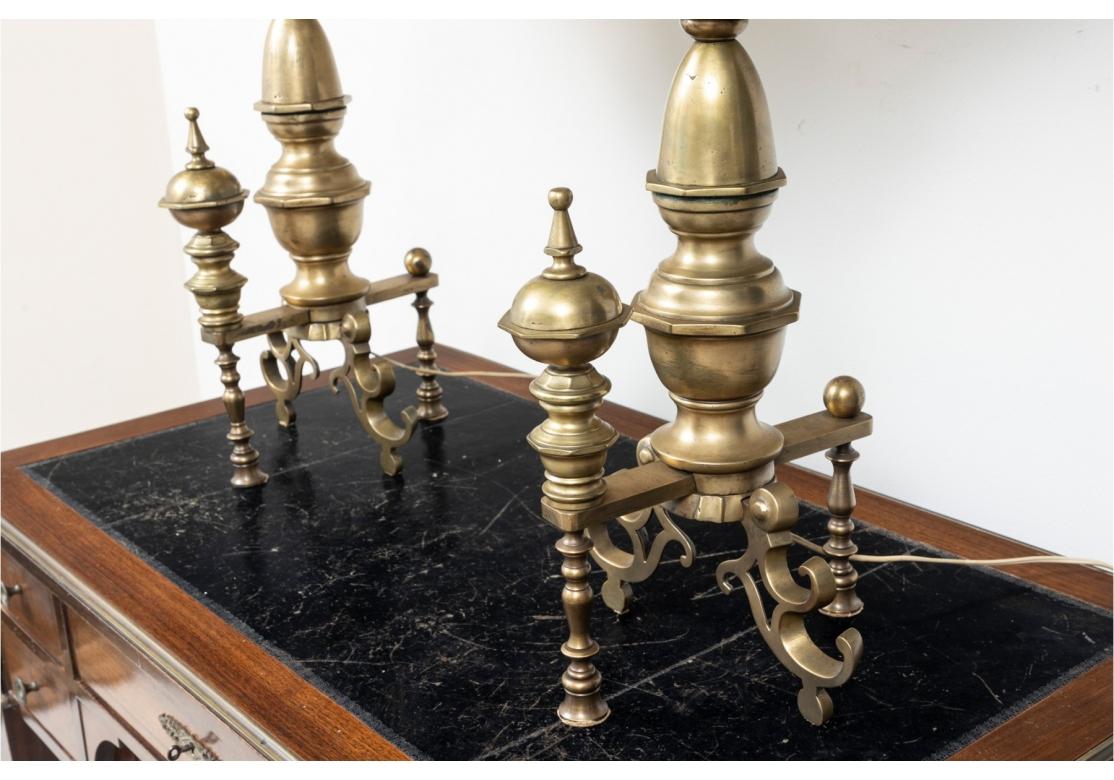 Pair Of Large  Brass Andirons Now Mounted As Table Lamps  In Good Condition For Sale In Bridgeport, CT
