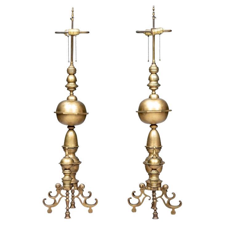 Pair Of Large  Brass Andirons Now Mounted As Table Lamps  For Sale