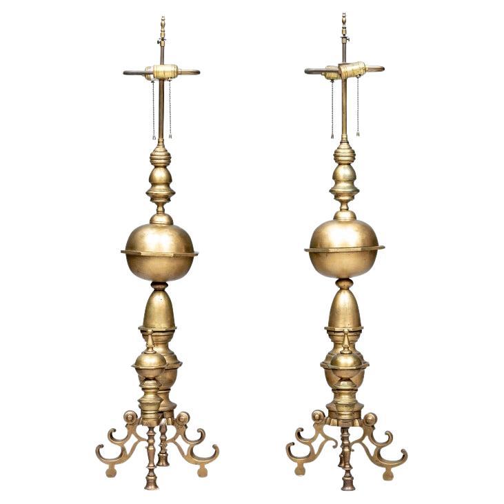 Pair Of Large  Brass Andirons Now Mounted As Table Lamps
