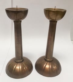 Pair of Large Brass Japanese Candlesticks on a Round Scalloped Base and Top