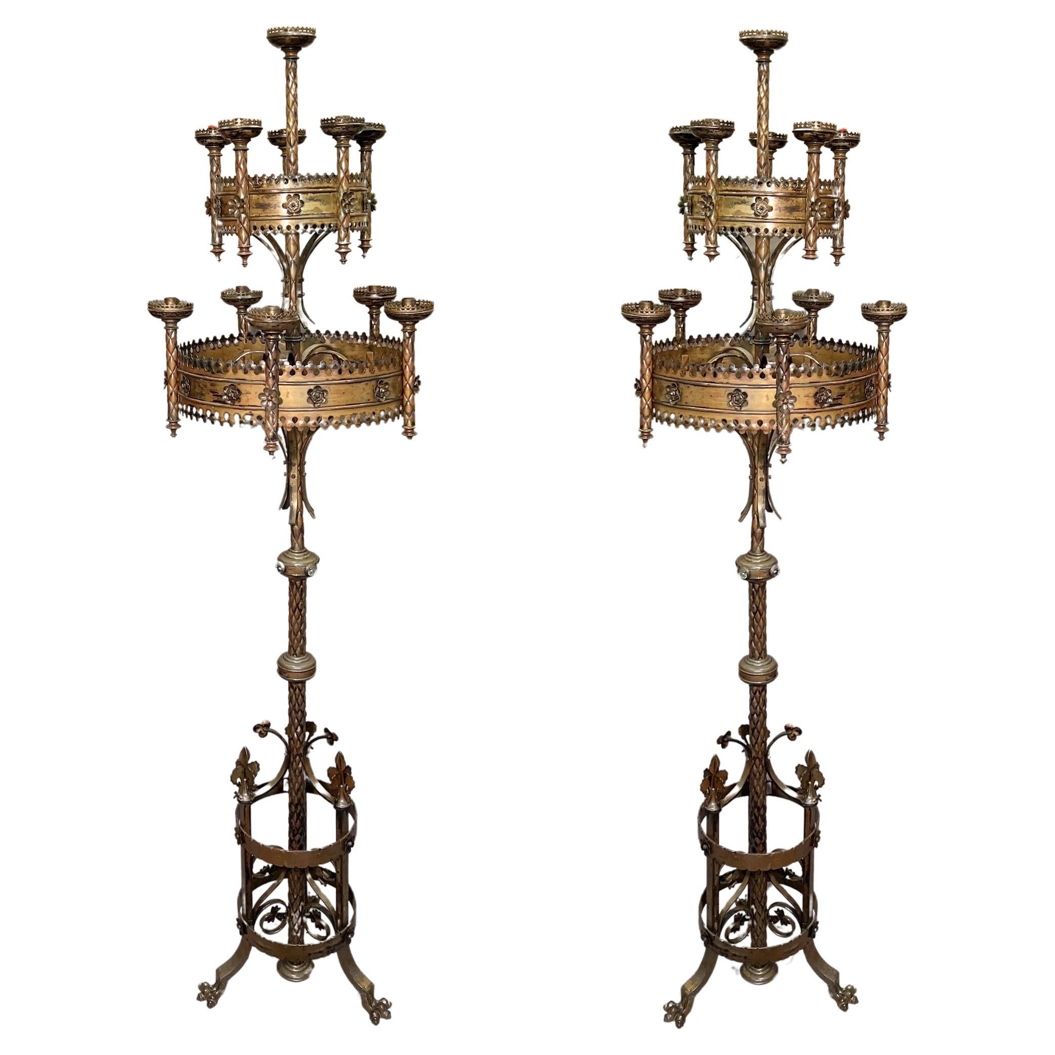 Pair of large brass church candelabra in patinated brass, France circa 1880