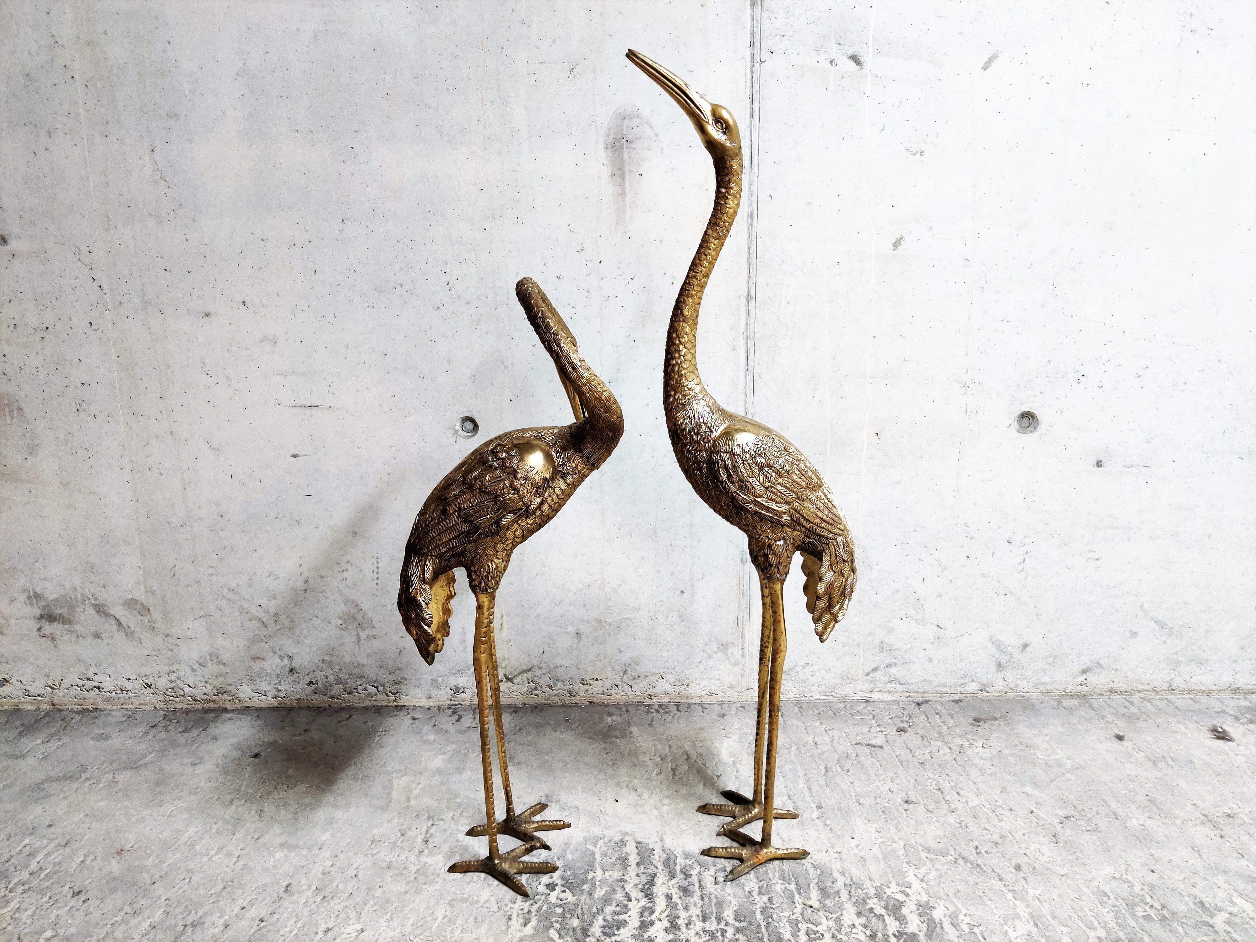 Hollywood Regency Pair of Large Brass Crane Bird Statues, 1960s