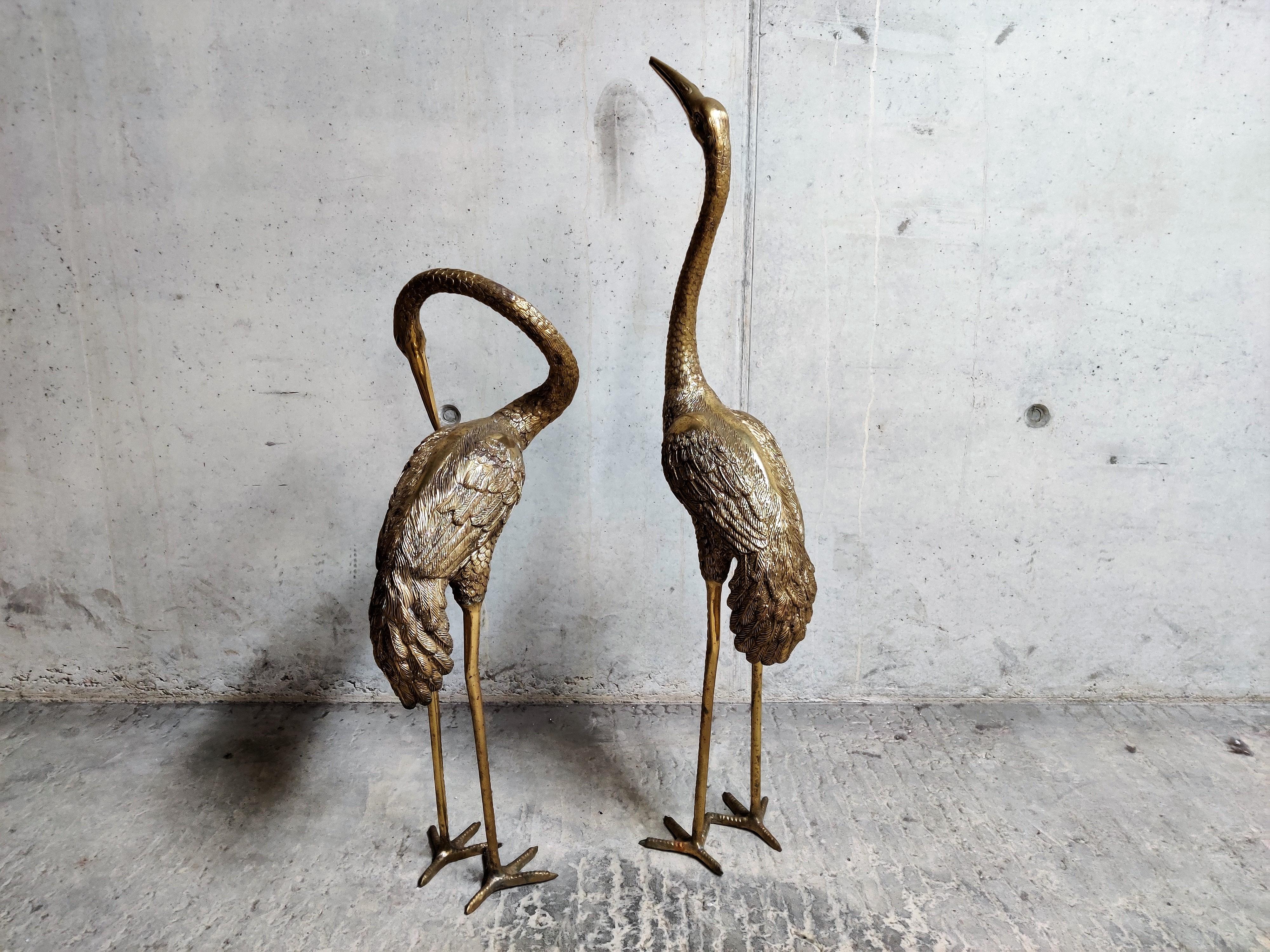 Belgian Pair of Large Brass Crane Bird Statues, 1960s