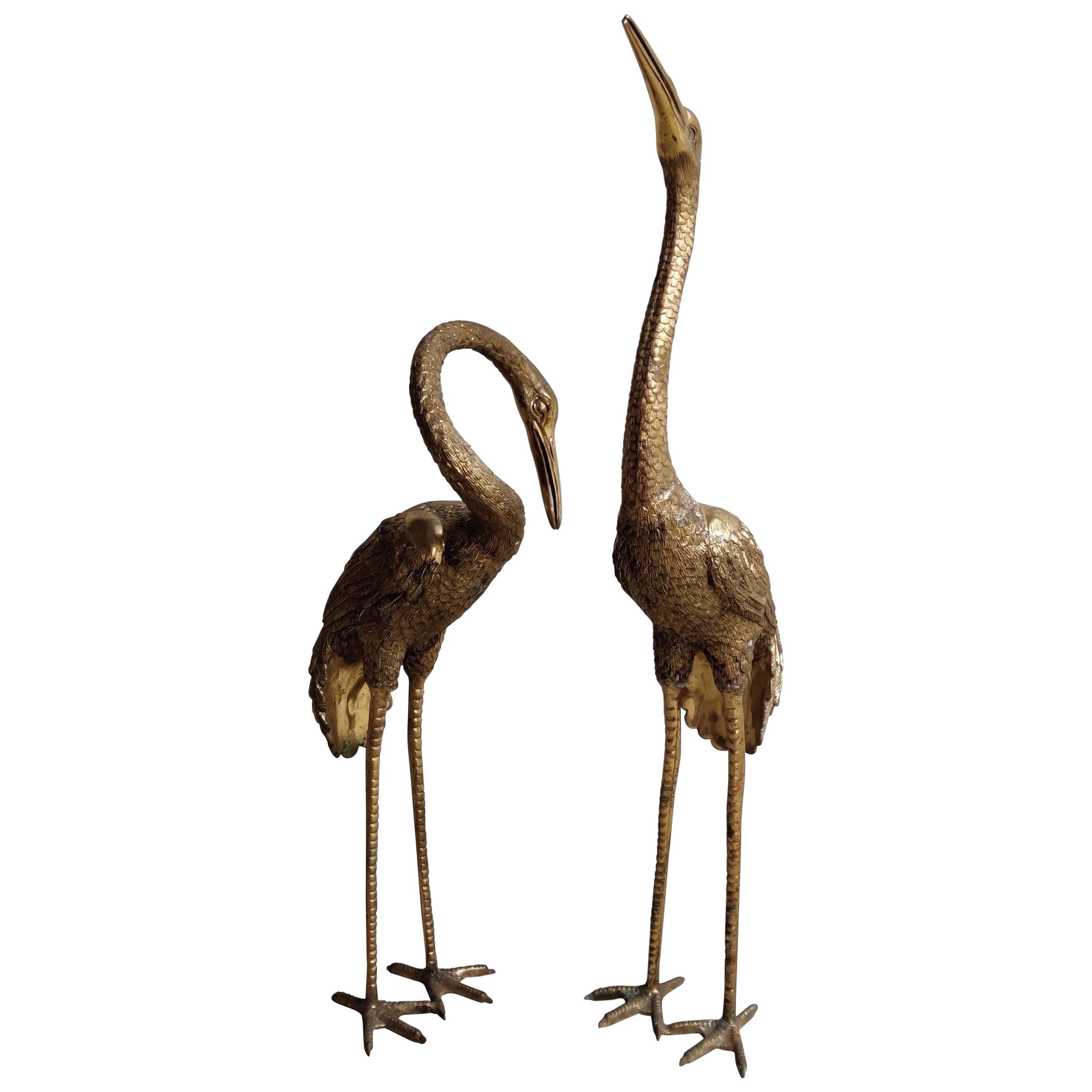 Pair of Large Brass Crane Bird Statues, 1960s