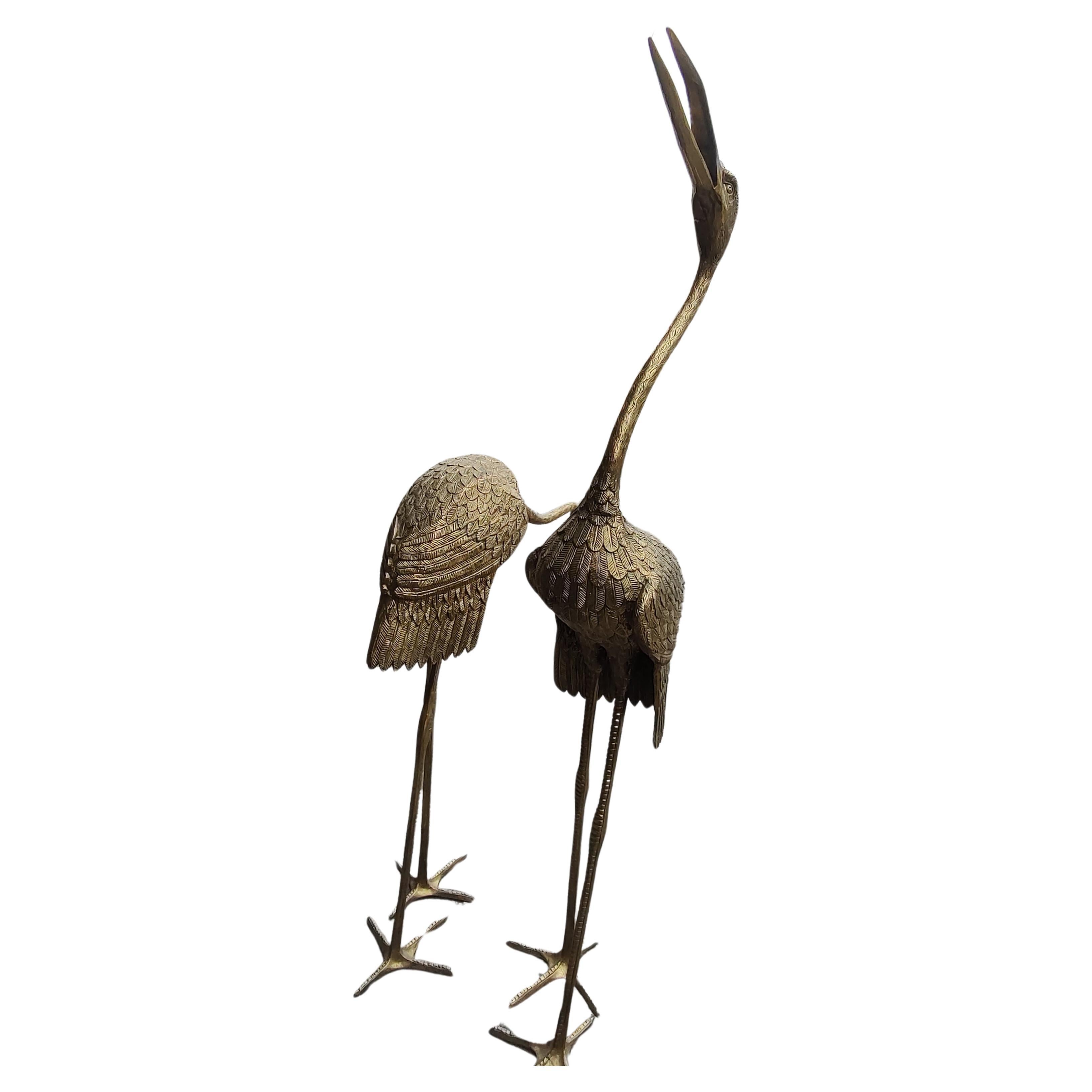 Pair of Large Brass Garden Cranes / Herons Statuary Indoor - Outdoor C1970 For Sale 11