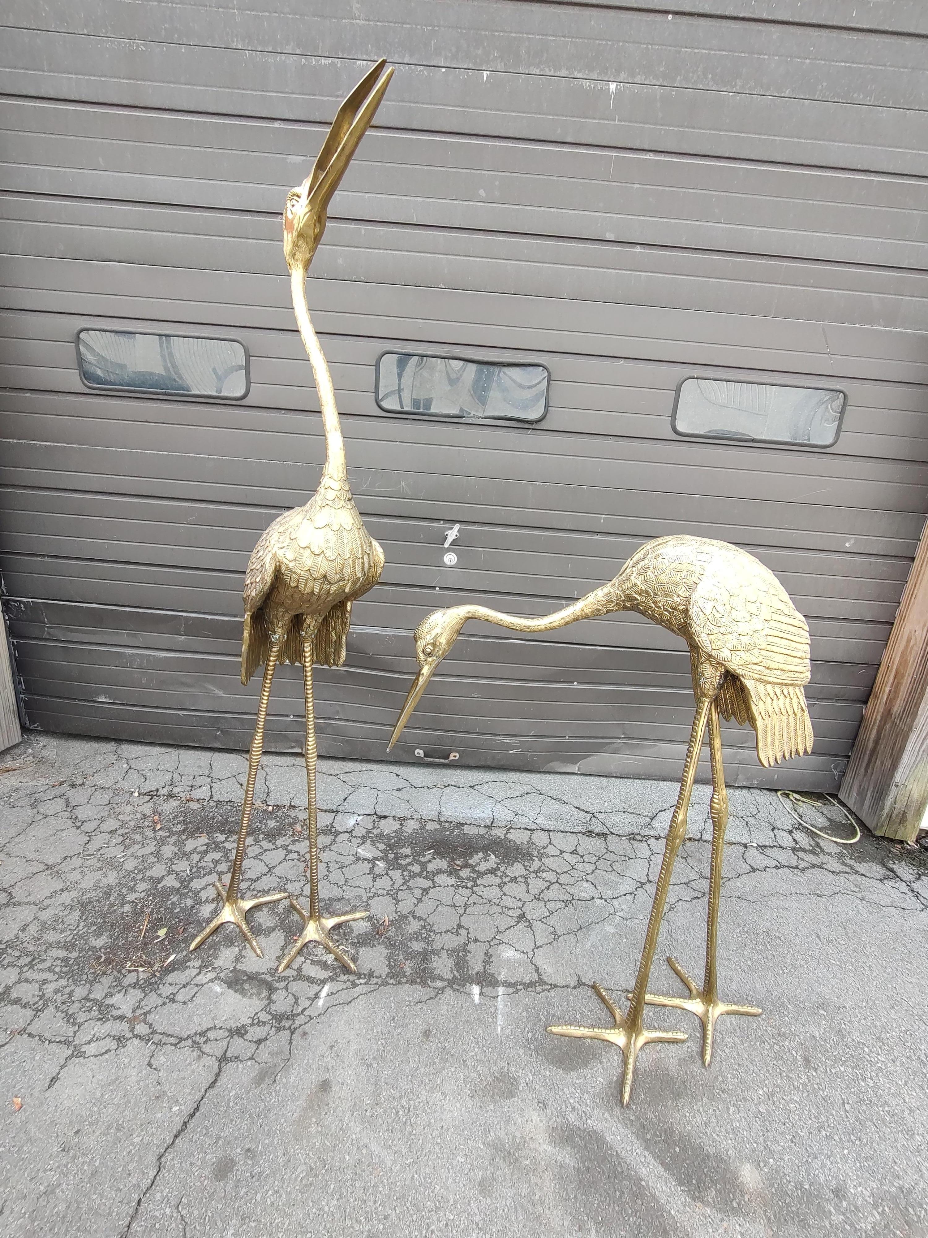 Pair of Large Brass Garden Cranes / Herons Statuary Indoor - Outdoor C1970 For Sale 12