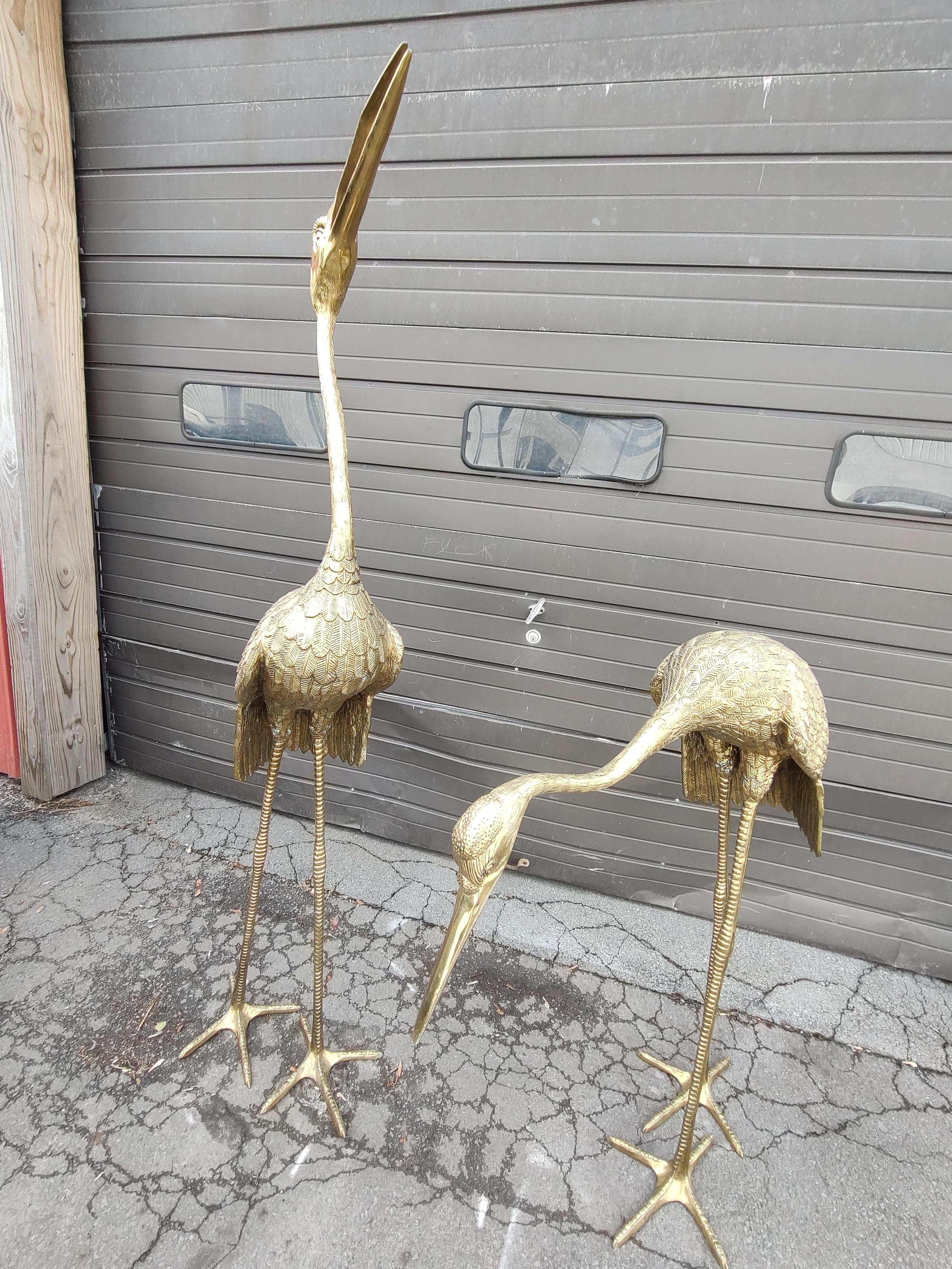 Cast Pair of Large Brass Garden Cranes / Herons Statuary Indoor - Outdoor C1970 For Sale