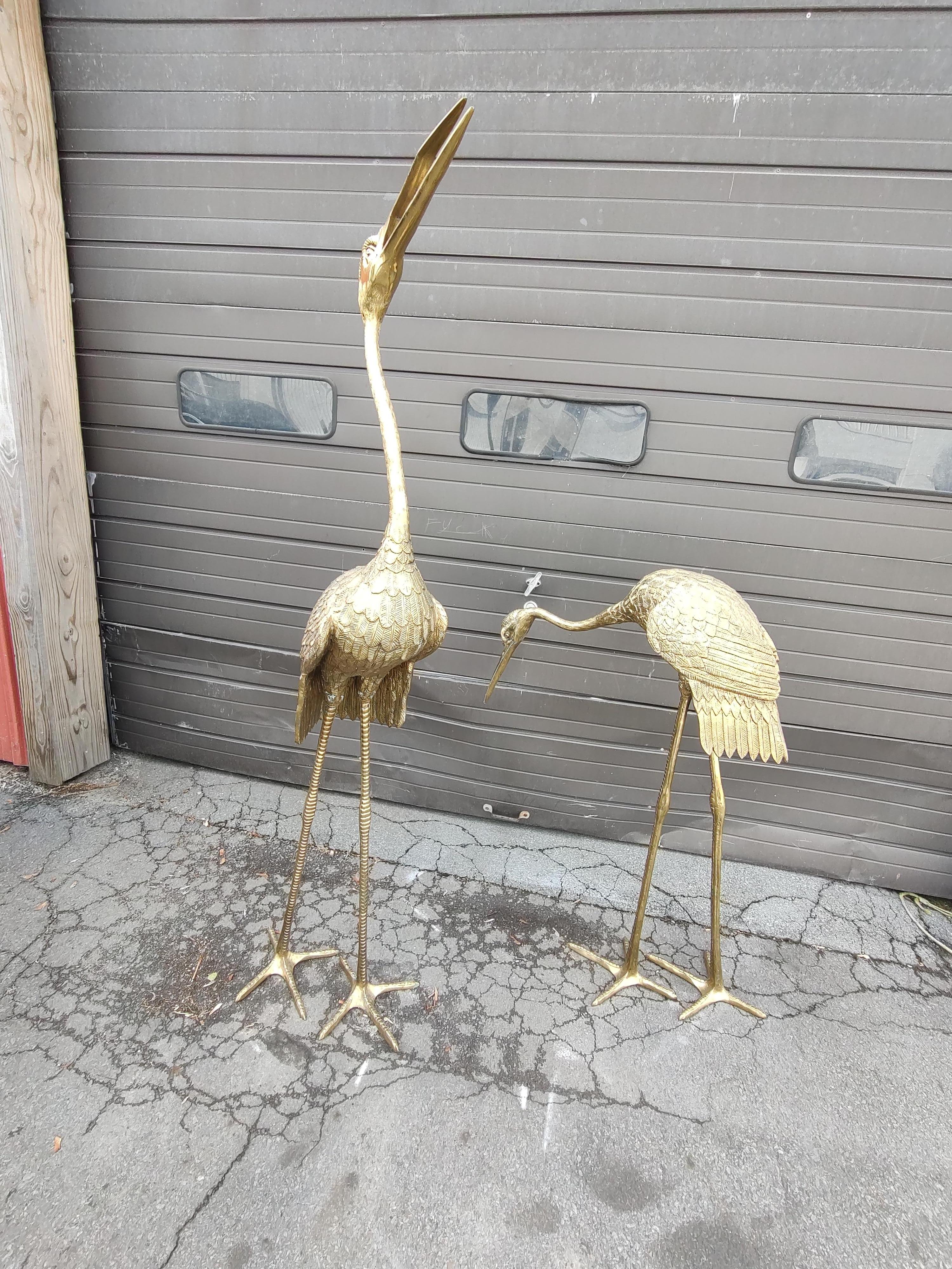 Pair of Large Brass Garden Cranes / Herons Statuary Indoor - Outdoor C1970 In Good Condition For Sale In Port Jervis, NY