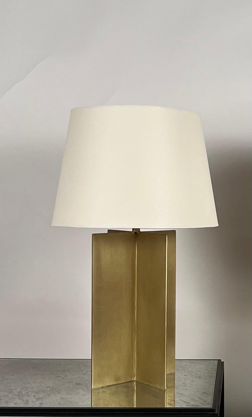 Art Deco Pair of Large Brass 'Croisillon' Lamps with Parchment Shades by Design Frères For Sale