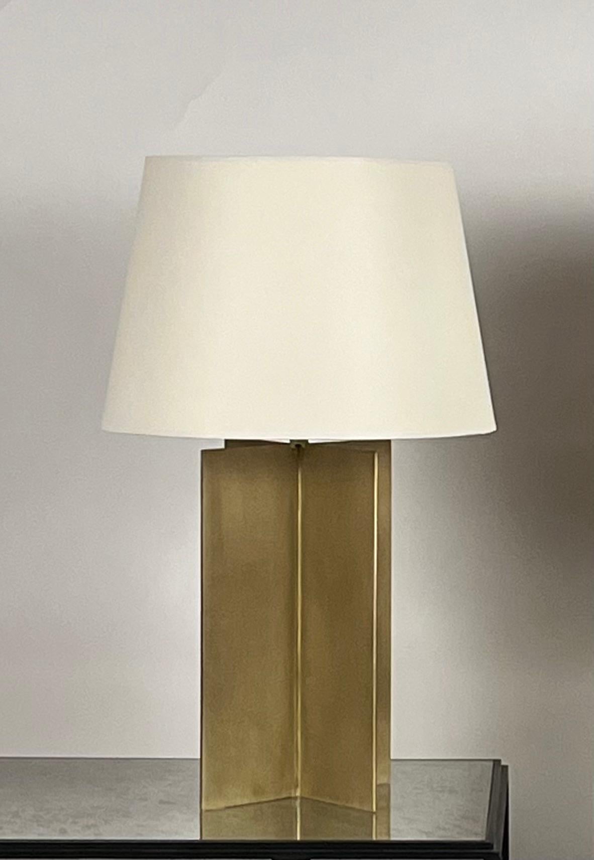 French Pair of Large Brass 'Croisillon' Lamps with Parchment Shades by Design Frères For Sale