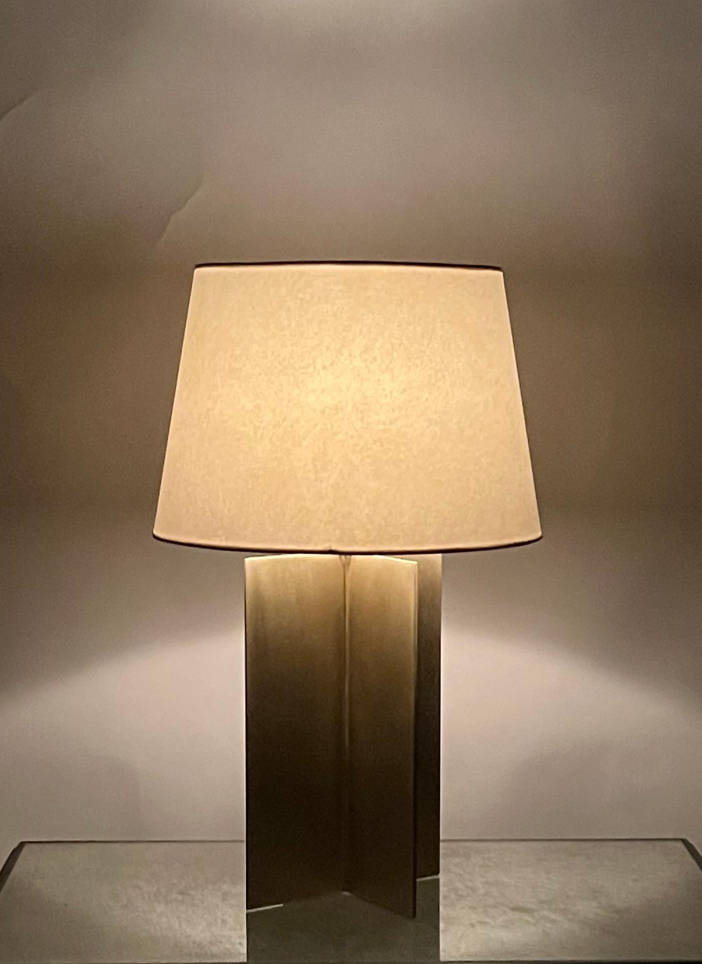 Polished Pair of Large Brass 'Croisillon' Lamps with Parchment Shades by Design Frères For Sale
