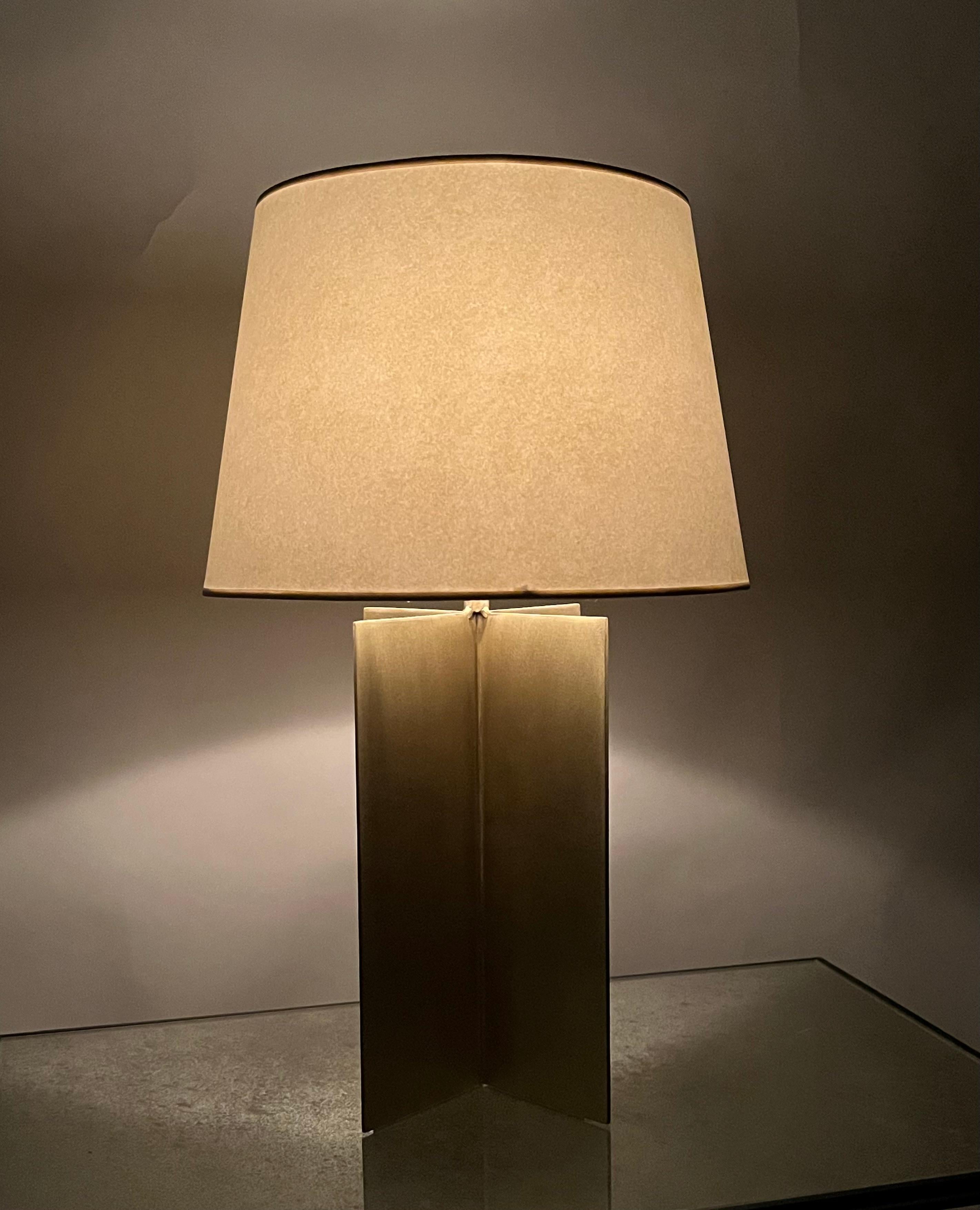 Pair of Large Brass 'Croisillon' Lamps with Parchment Shades by Design Frères In New Condition For Sale In Los Angeles, CA