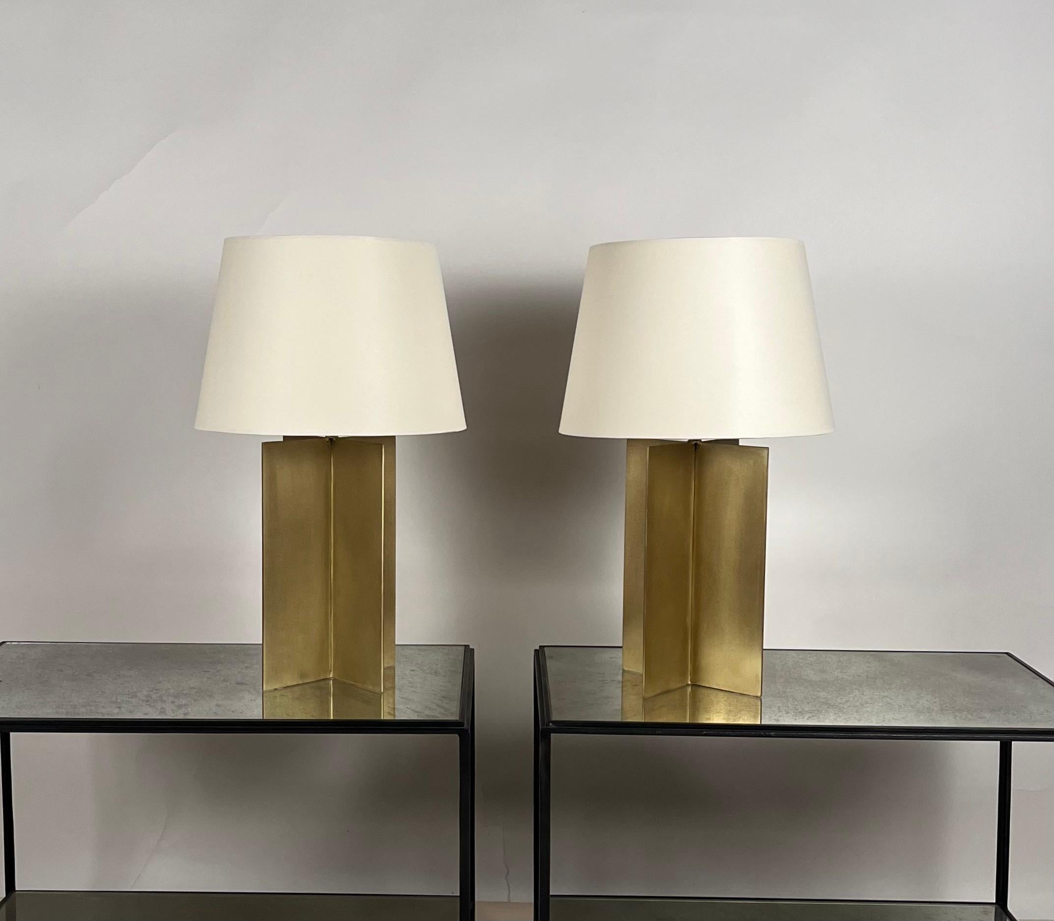 Pair of Large Brass 'Croisillon' Lamps with Parchment Shades by Design Frères For Sale 1