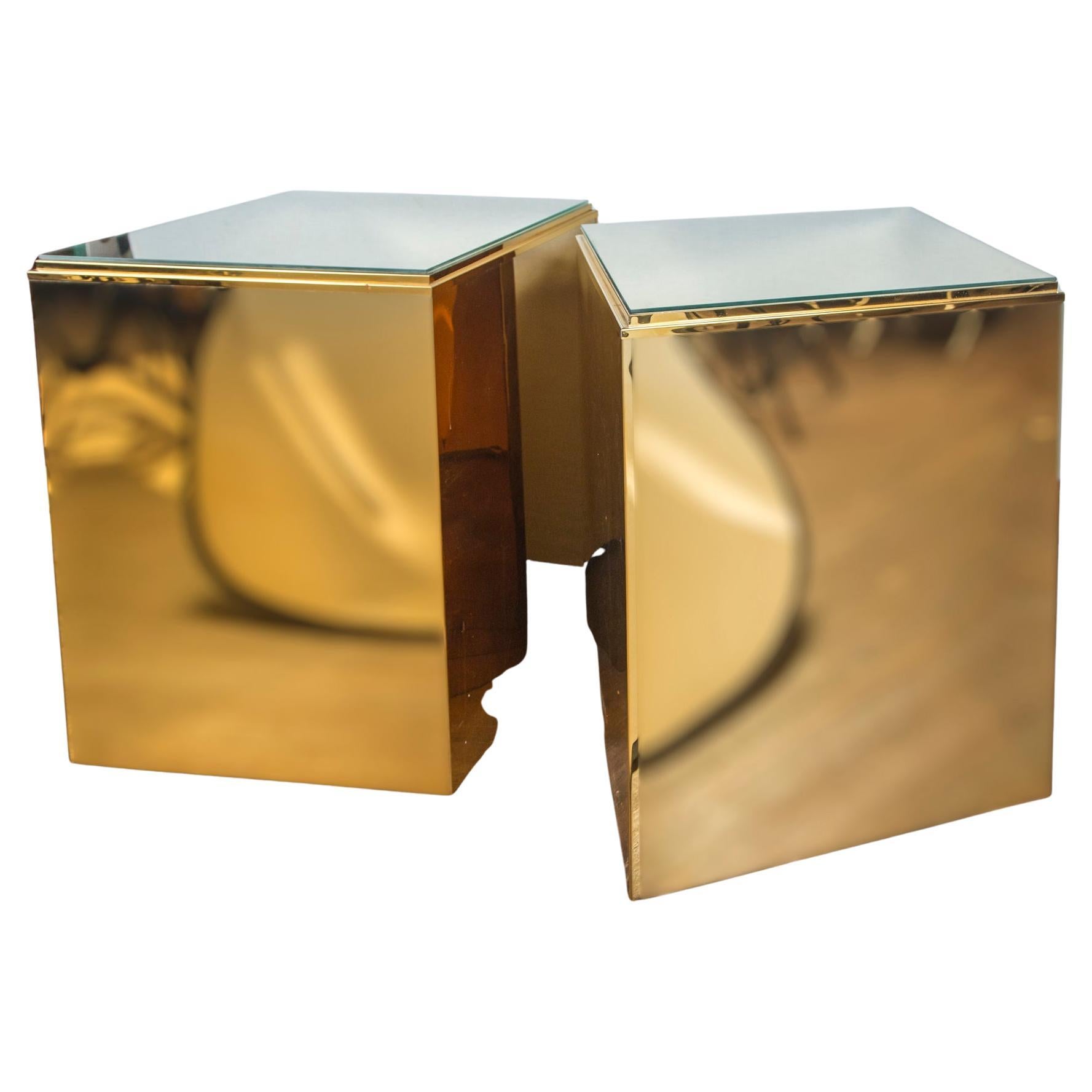 Pair of Large Brass Cube Side Tables For Sale