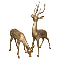 Vintage Pair of Large Brass Deer Sculptures Buck & Doe
