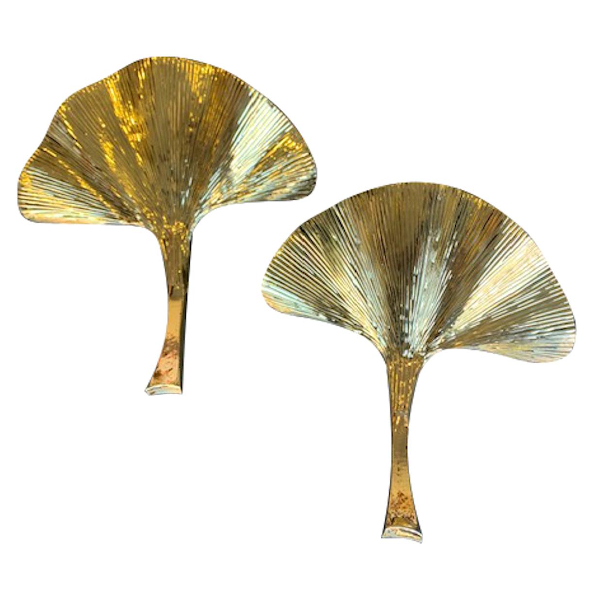 Pair of Large Brass Finish Gingko Leaf Wall Sconces in the Style of Barbi