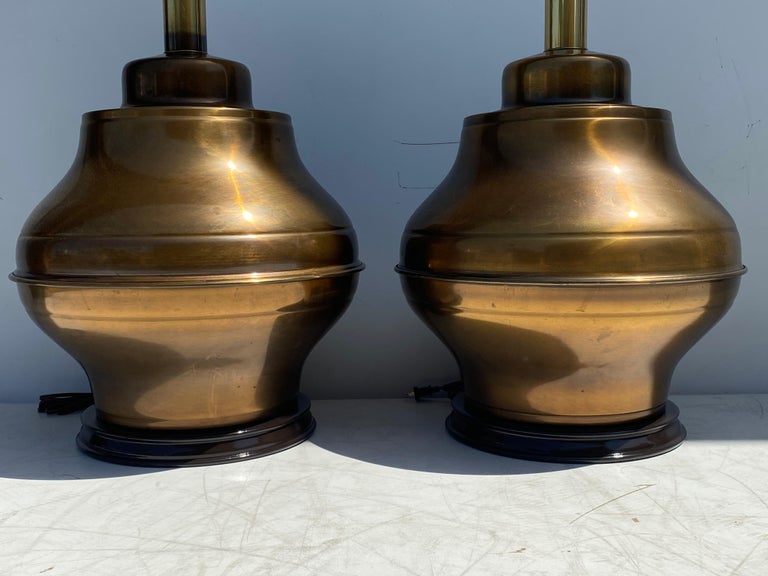 Hollywood Regency Pair of Large Brass Ginger Jar Lamps For Sale