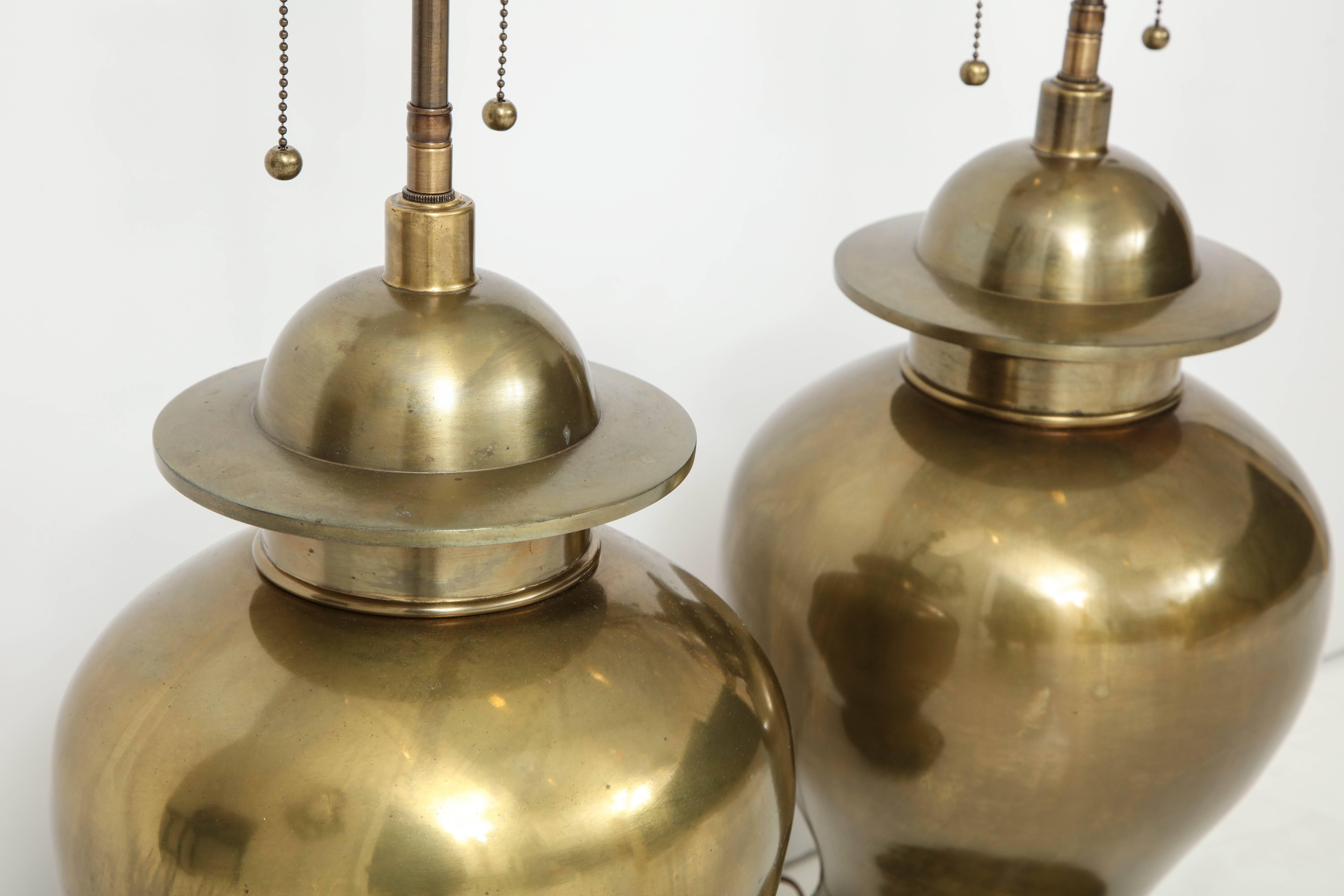 American Pair of Large Brass Ginger Jar Lamps