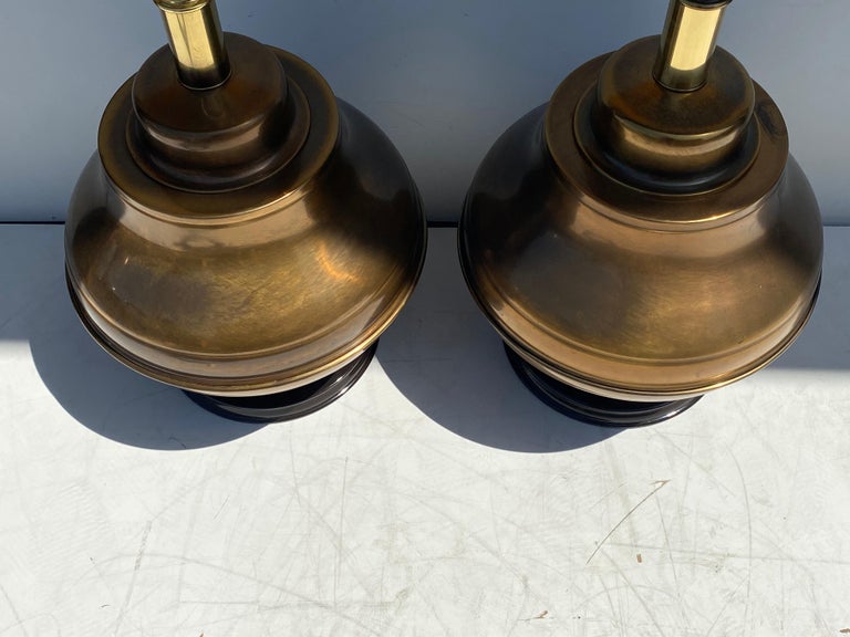 Plated Pair of Large Brass Ginger Jar Lamps For Sale